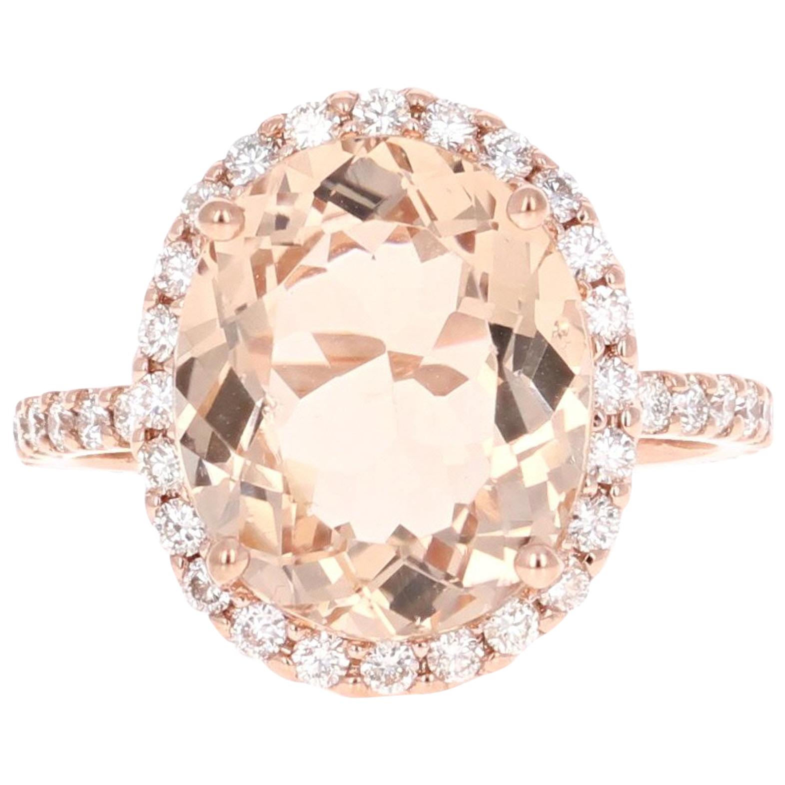 7.45 Carat Oval Cut Morganite Diamond Rose Gold Engagement Ring