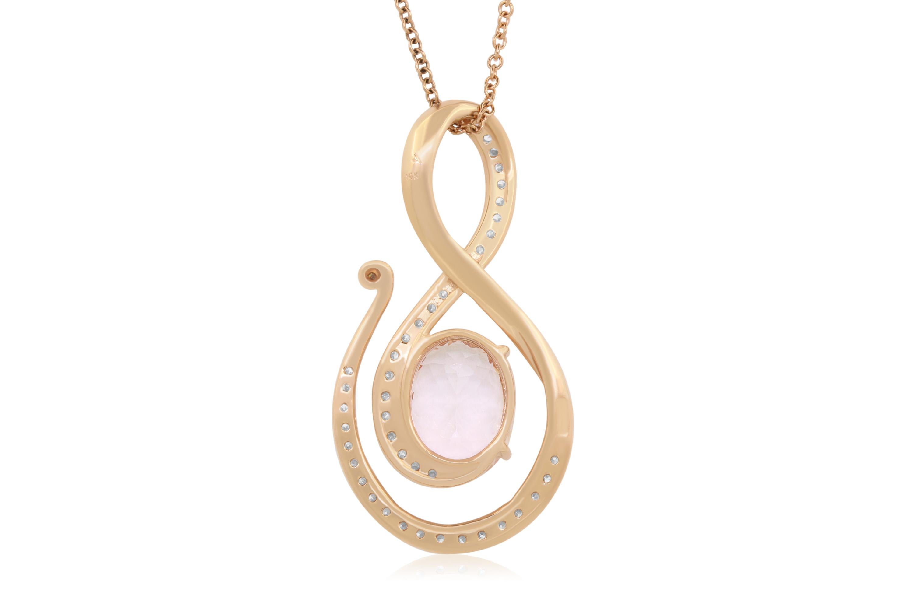Material: 14k Rose Gold 
Center Stone Details: 7.45 Carat Oval Shaped Pink Morganite - 14.3 x 11.3 mm
Diamonds:  44 Round Diamonds at 1.00 Carats.  SI Quality /  H-I Color
Chain:  18 inch

Fine one-of-a kind craftsmanship meets incredible quality in