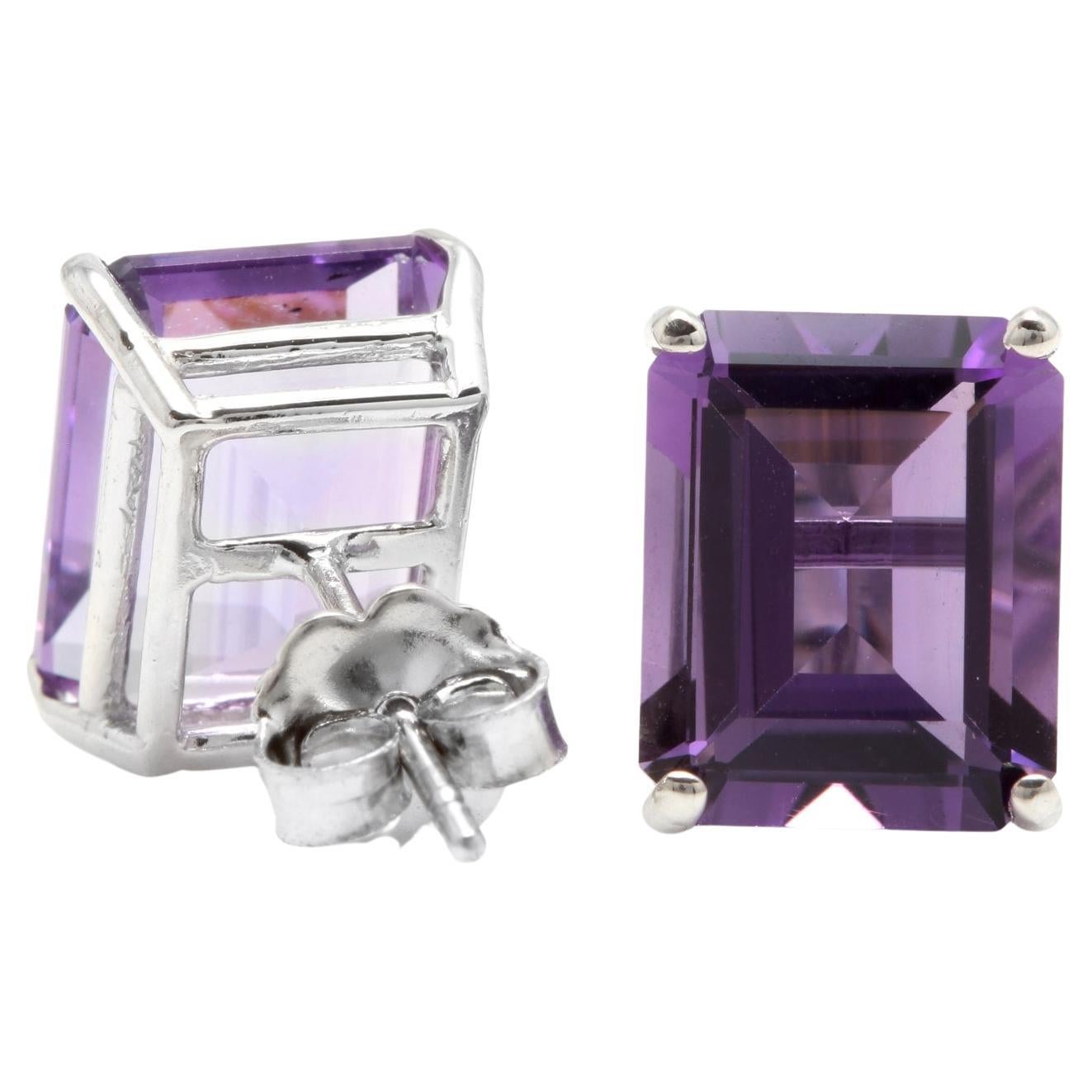 7.45 Carats Natural Amethyst 14k Solid White Gold Stud Earrings For Sale