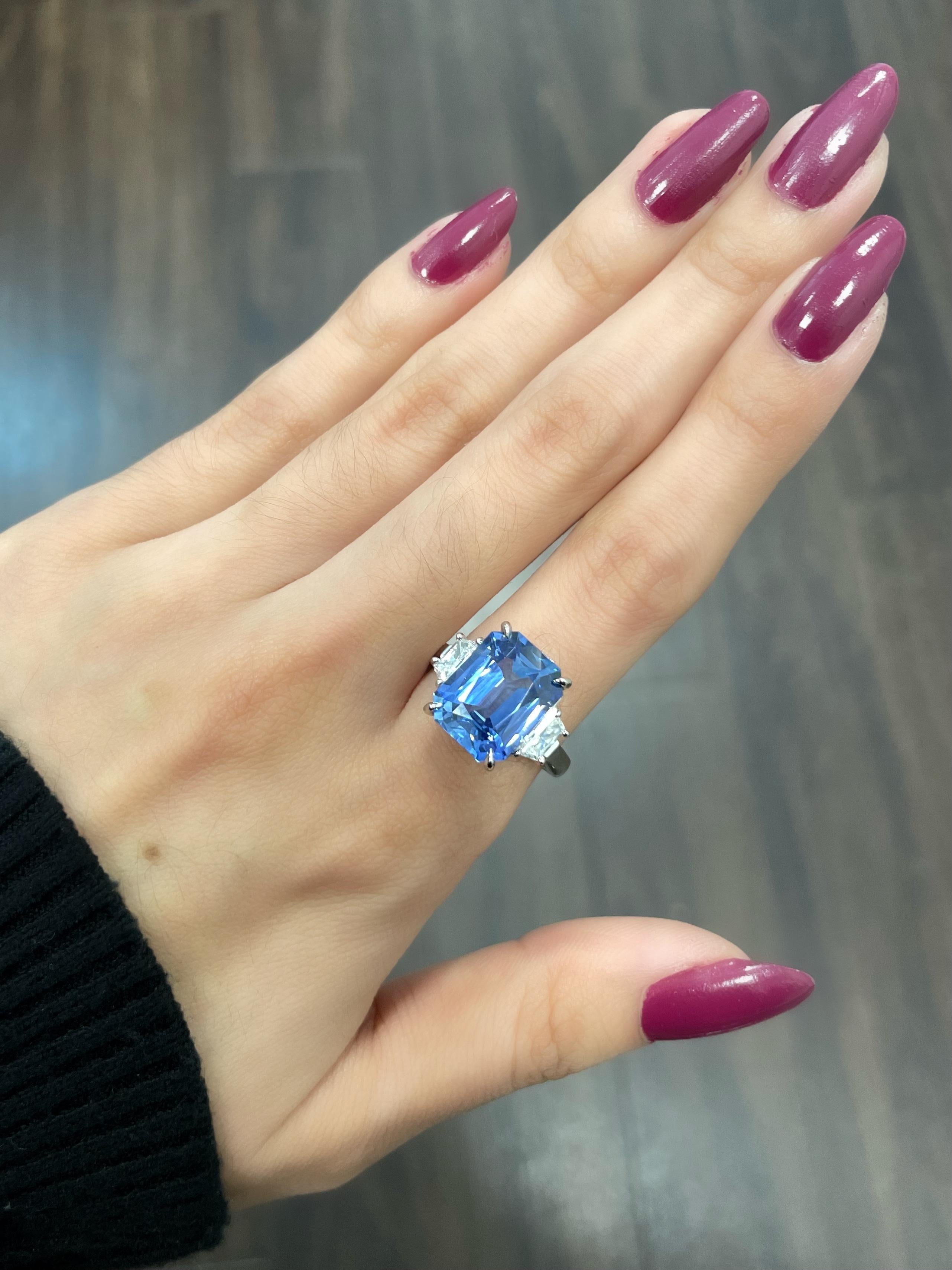 7.45 Carat Ceylon Emerald Cut Sapphire & Diamond Ring For Sale 3