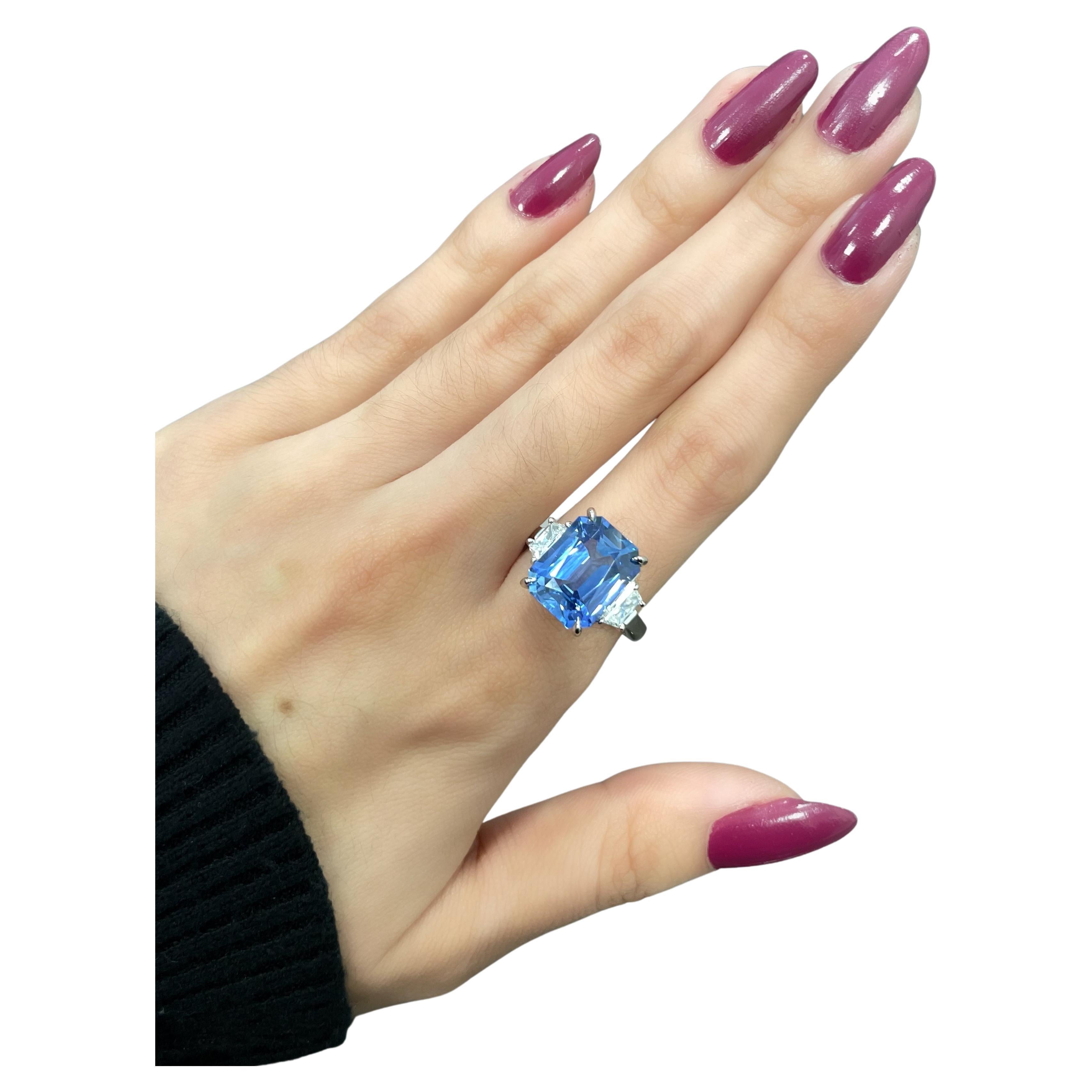 7.45 Carat Ceylon Emerald Cut Sapphire & Diamond Ring For Sale