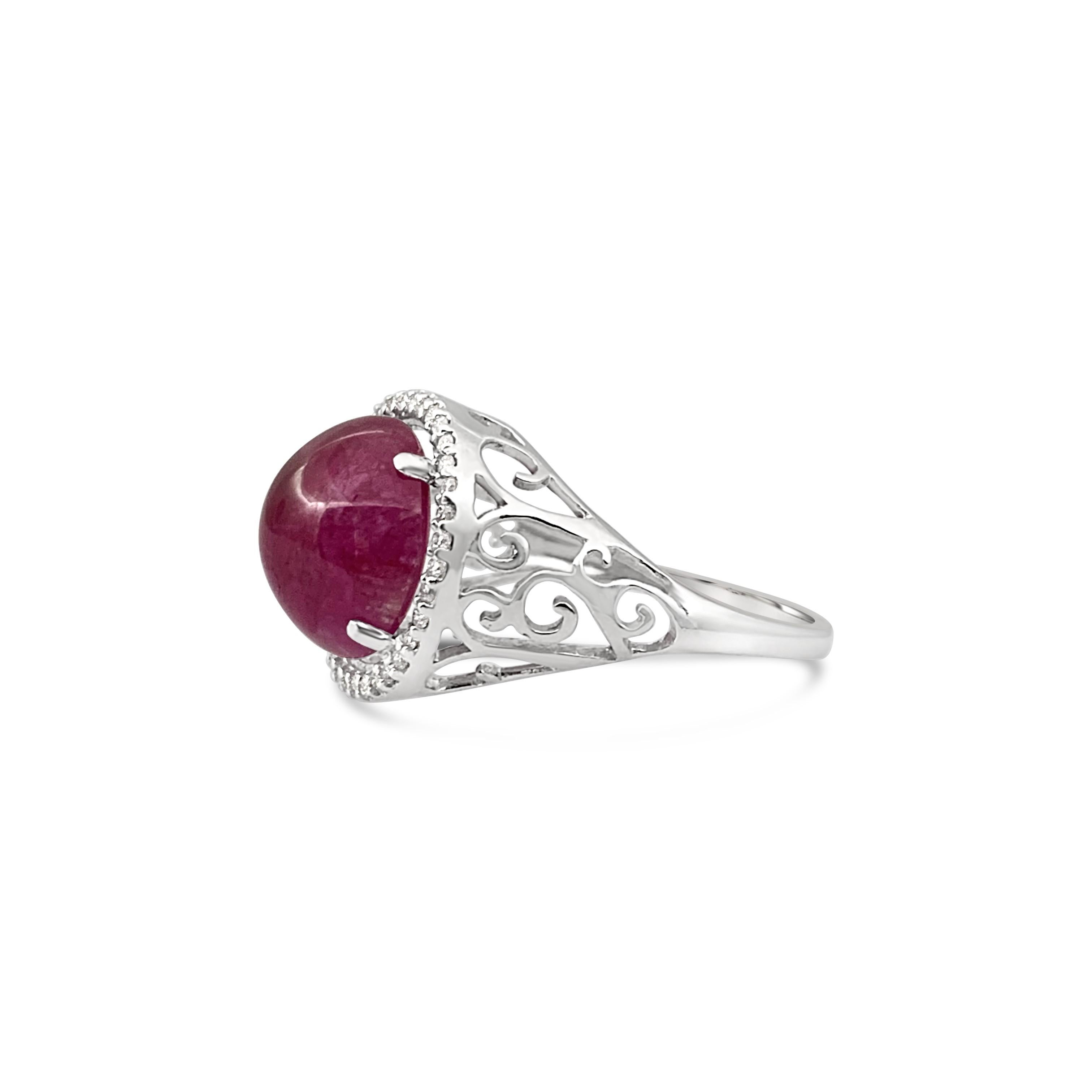 An extremely rare gemstone, this 7.46 carat natural Burmese ruby is a exquisite cabochon set a in timeless platinum ring.

Natural Burmese Ruby
Shape:	Cabochon
Color:	Red
Clarity:	Fine
Origin:Burma
Treatment:	No treatment
Dimensions:	11X11
Total