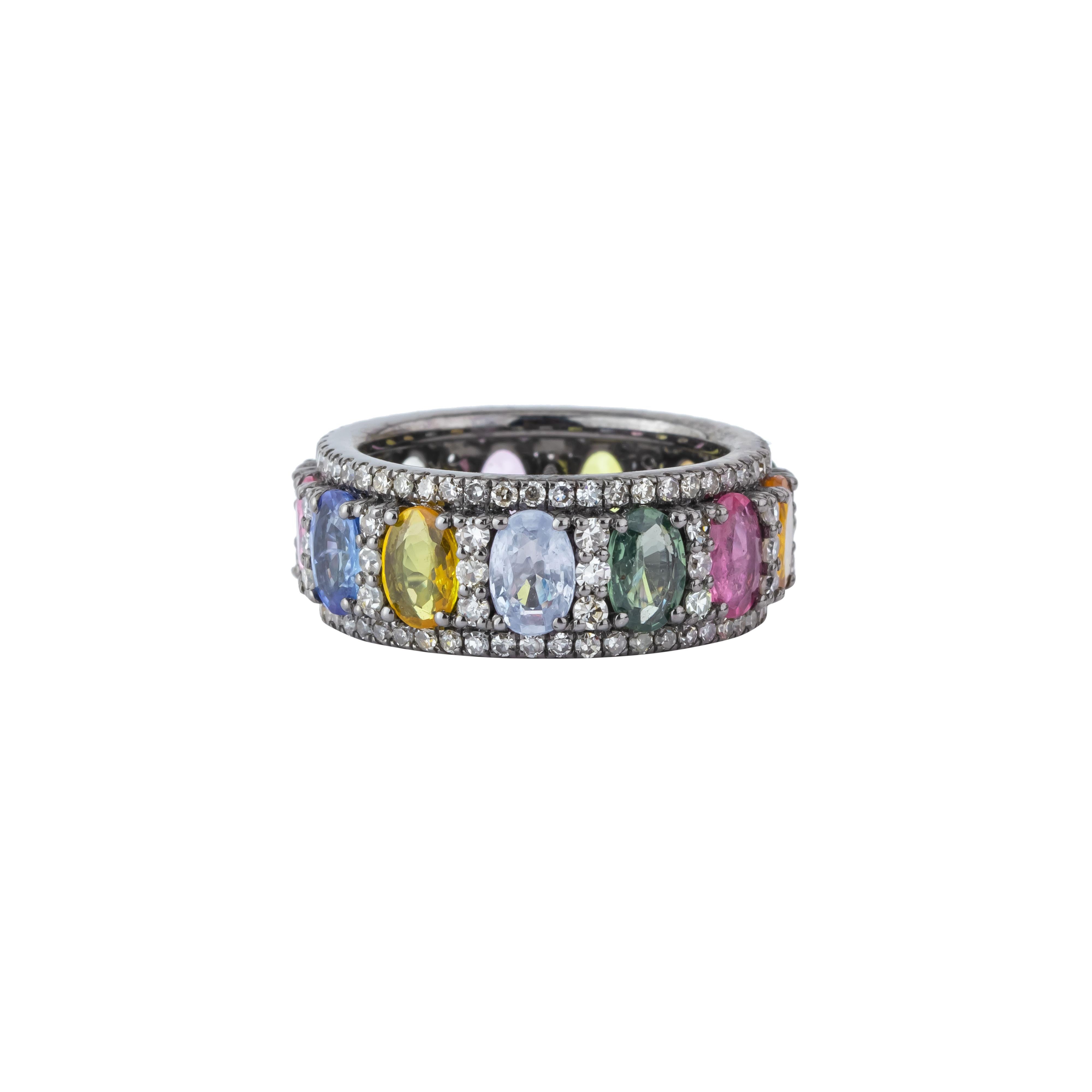 Round Cut 7.46 Carat Diamond and Multi Sapphire Infinity Band Ring For Sale