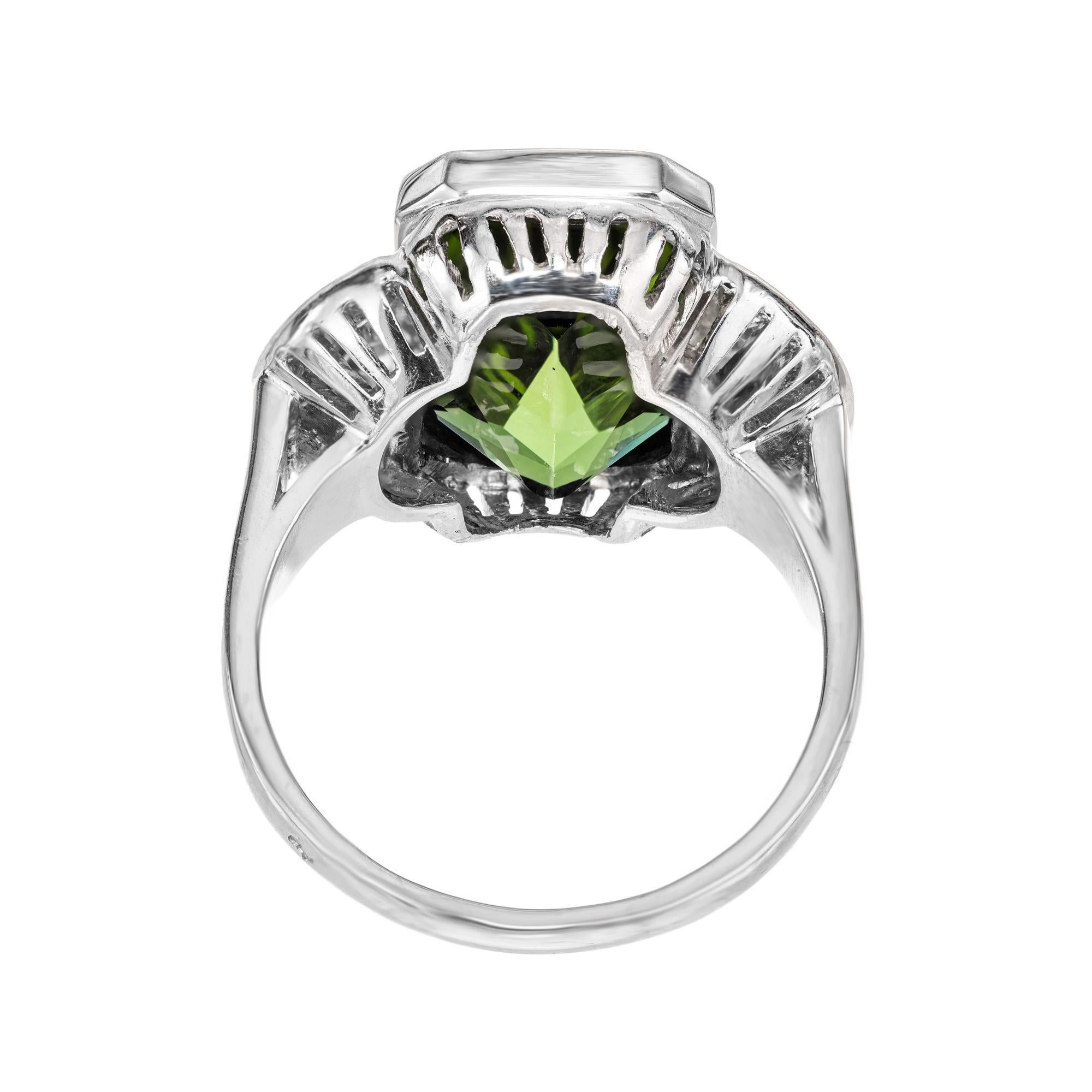 Women's 7.46 Carat Green Octagonal Tourmaline Pavé Diamond Platinum Cocktail Ring For Sale