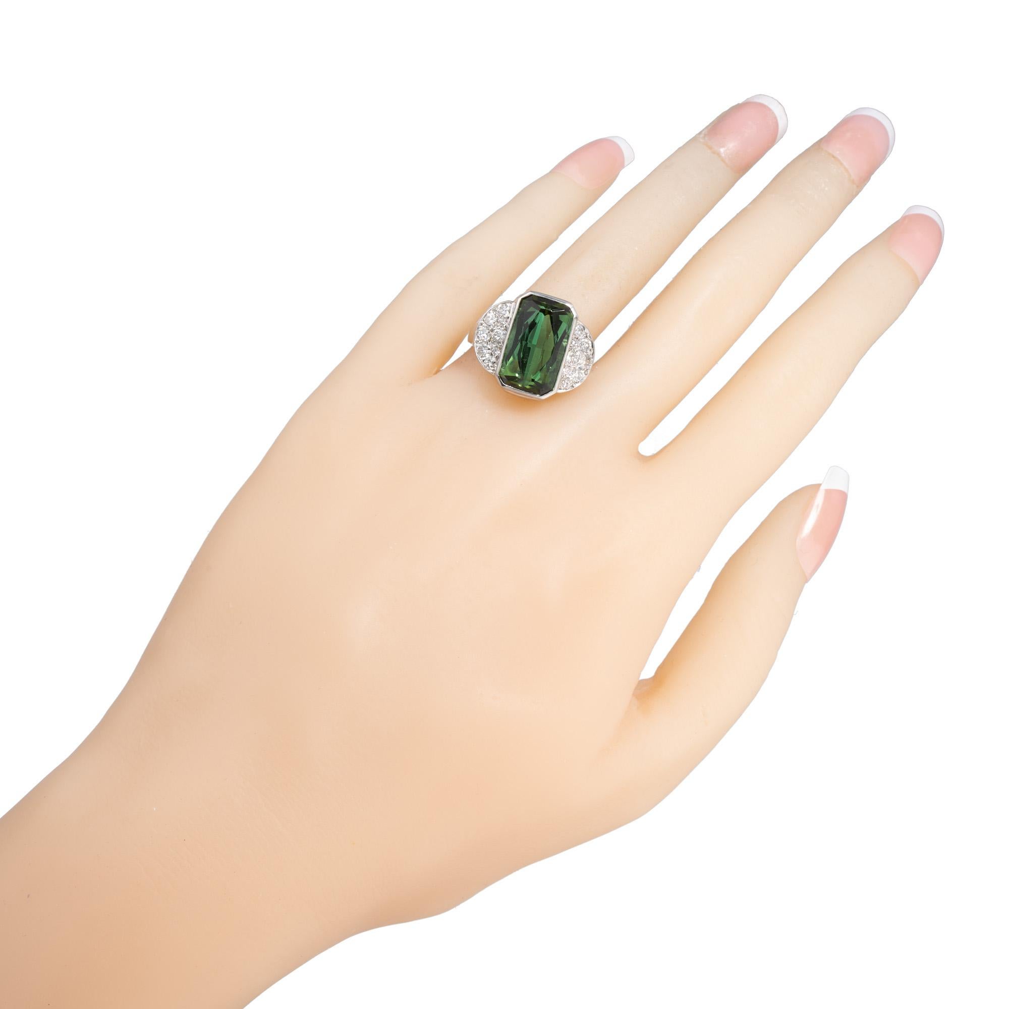 7.46 Carat Green Octagonal Tourmaline Pavé Diamond Platinum Cocktail Ring For Sale 1