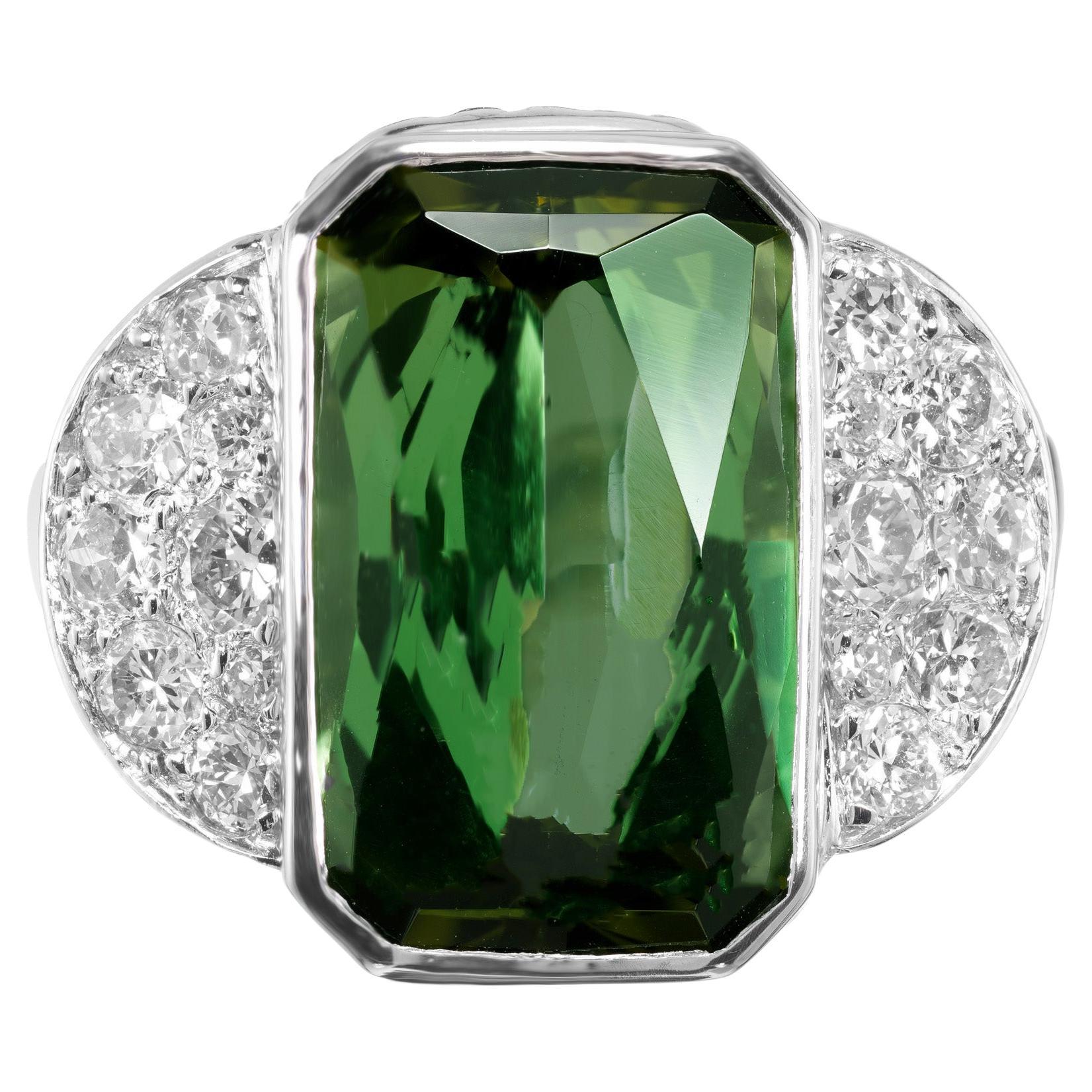 7.46 Carat Green Octagonal Tourmaline Pavé Diamond Platinum Cocktail Ring