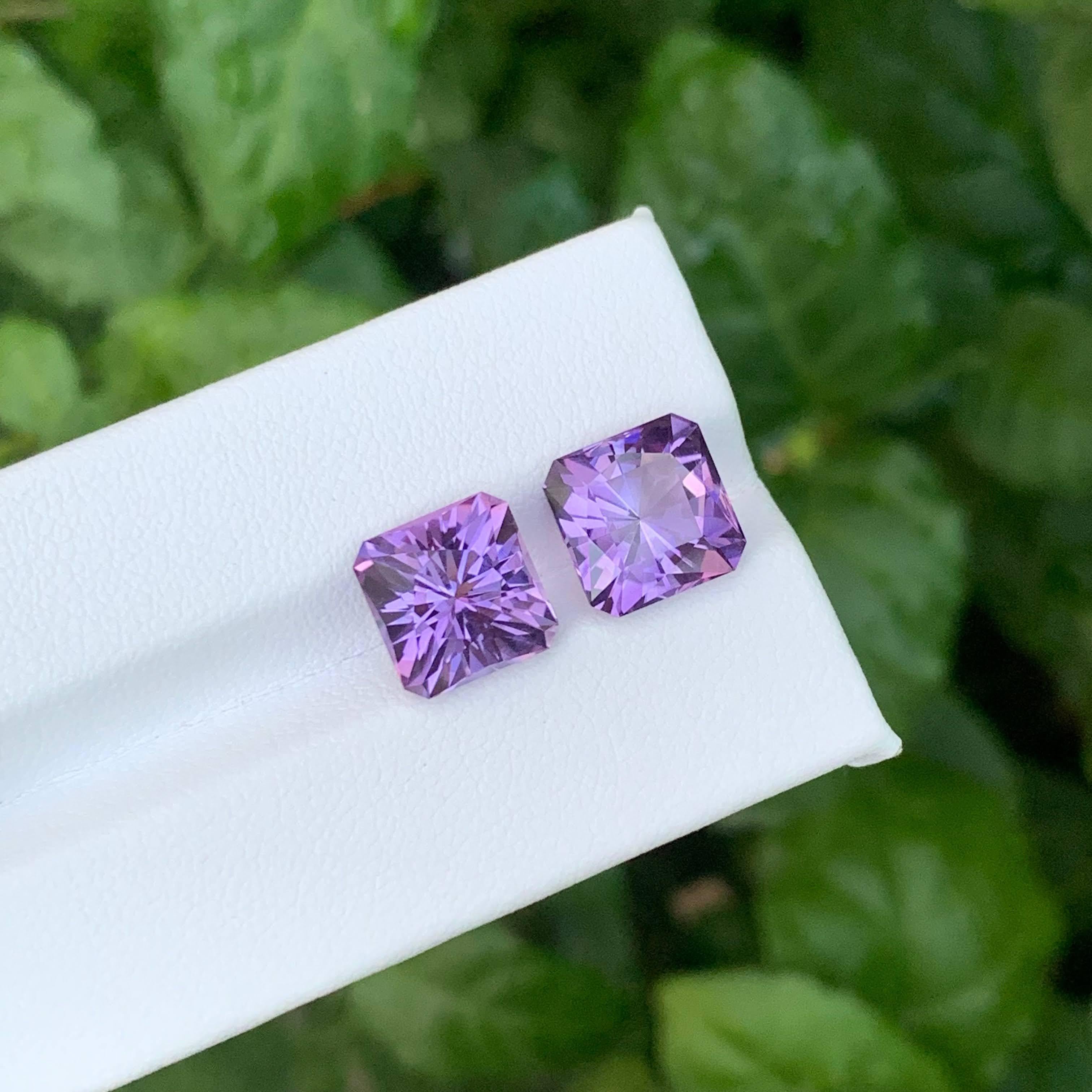 7,46 carati di ametista viola naturale sfusa, coppia di gemme brasiliane taglio Asscher in vendita 1