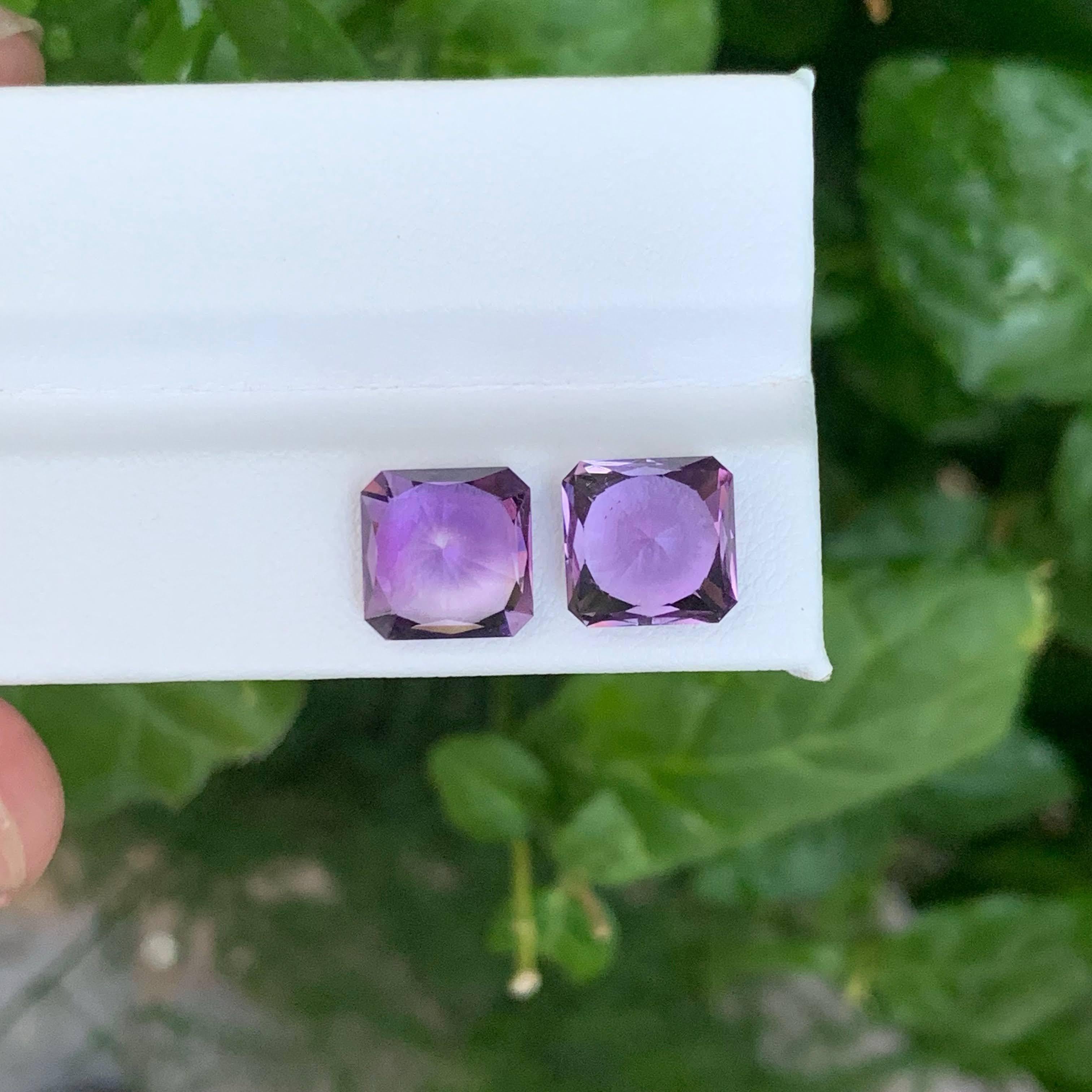 7,46 carati di ametista viola naturale sfusa, coppia di gemme brasiliane taglio Asscher in vendita 3