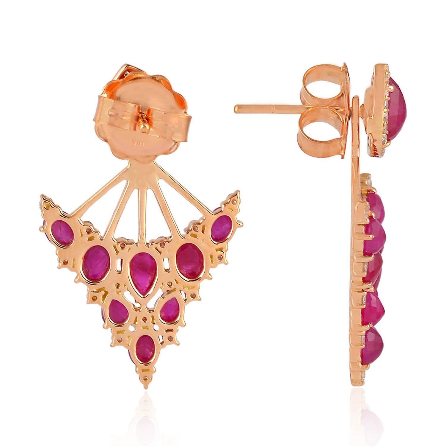Cast in 18K gold, these stunning ear jackets are hand set in 7.46 carats ruby and .76 carats of glimmering diamonds.  Can we worn alone as studs.

FOLLOW  MEGHNA JEWELS storefront to view the latest collection & exclusive pieces.  Meghna Jewels is