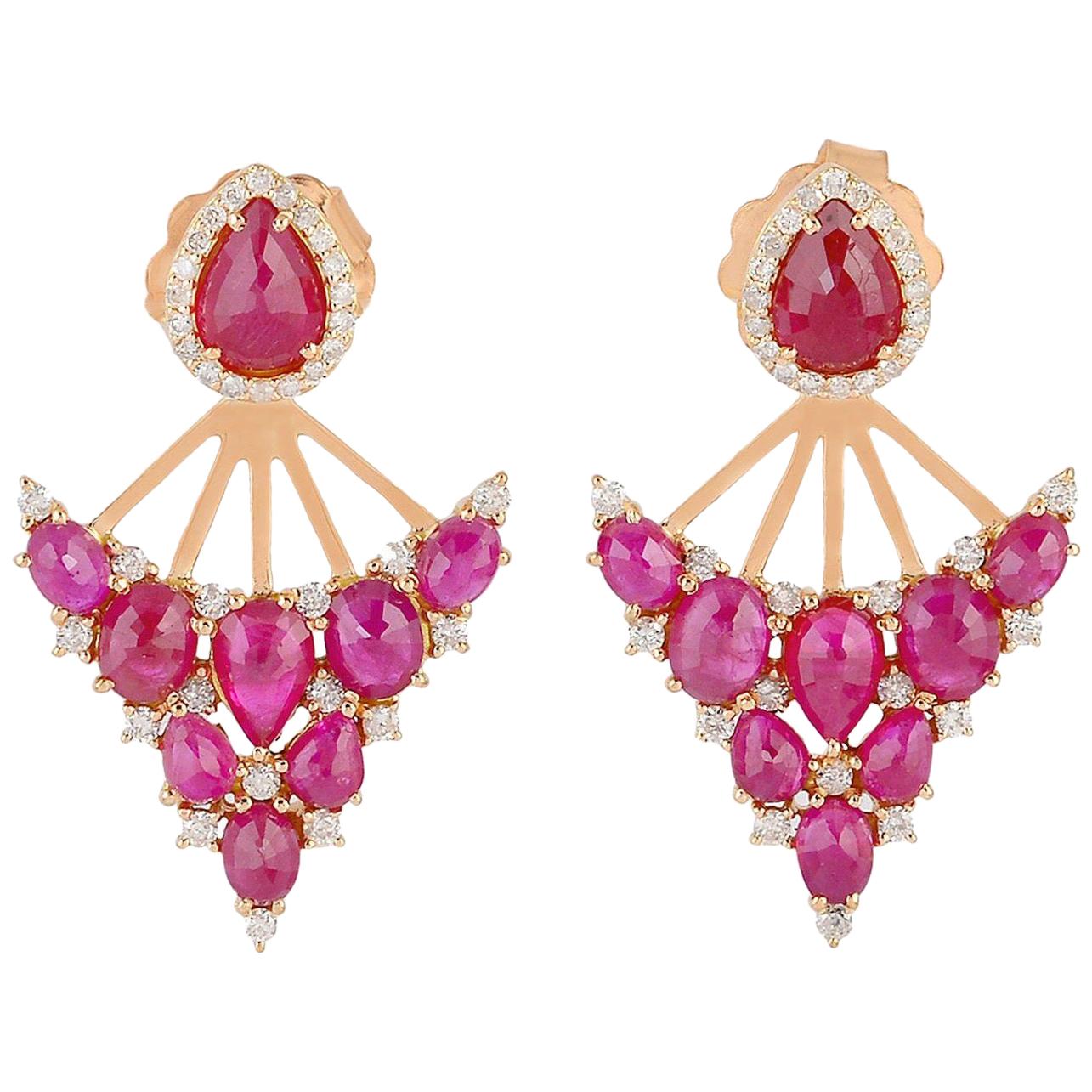 7.46 Carat Ruby Diamond 18 Karat Gold Ear Jacket Earrings For Sale