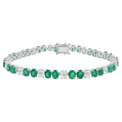 7.46 Ct Zambian Emerald 3.52 Ct Diamond Oval Cut Tennis Bracelet 18K White Gold