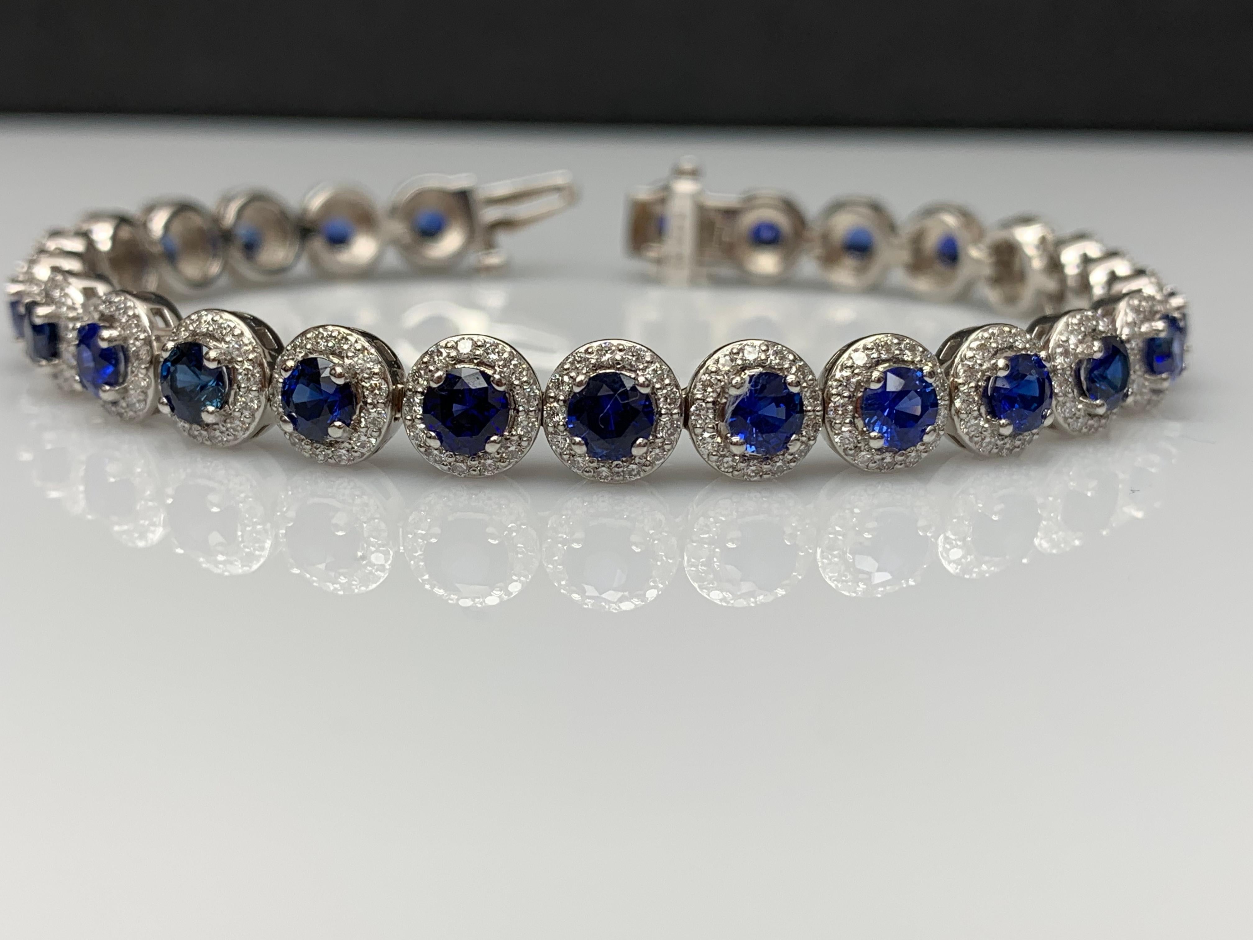 7.47 Carat Blue Sapphire and Diamond Halo Tennis Bracelet in 14k White Gold For Sale 4