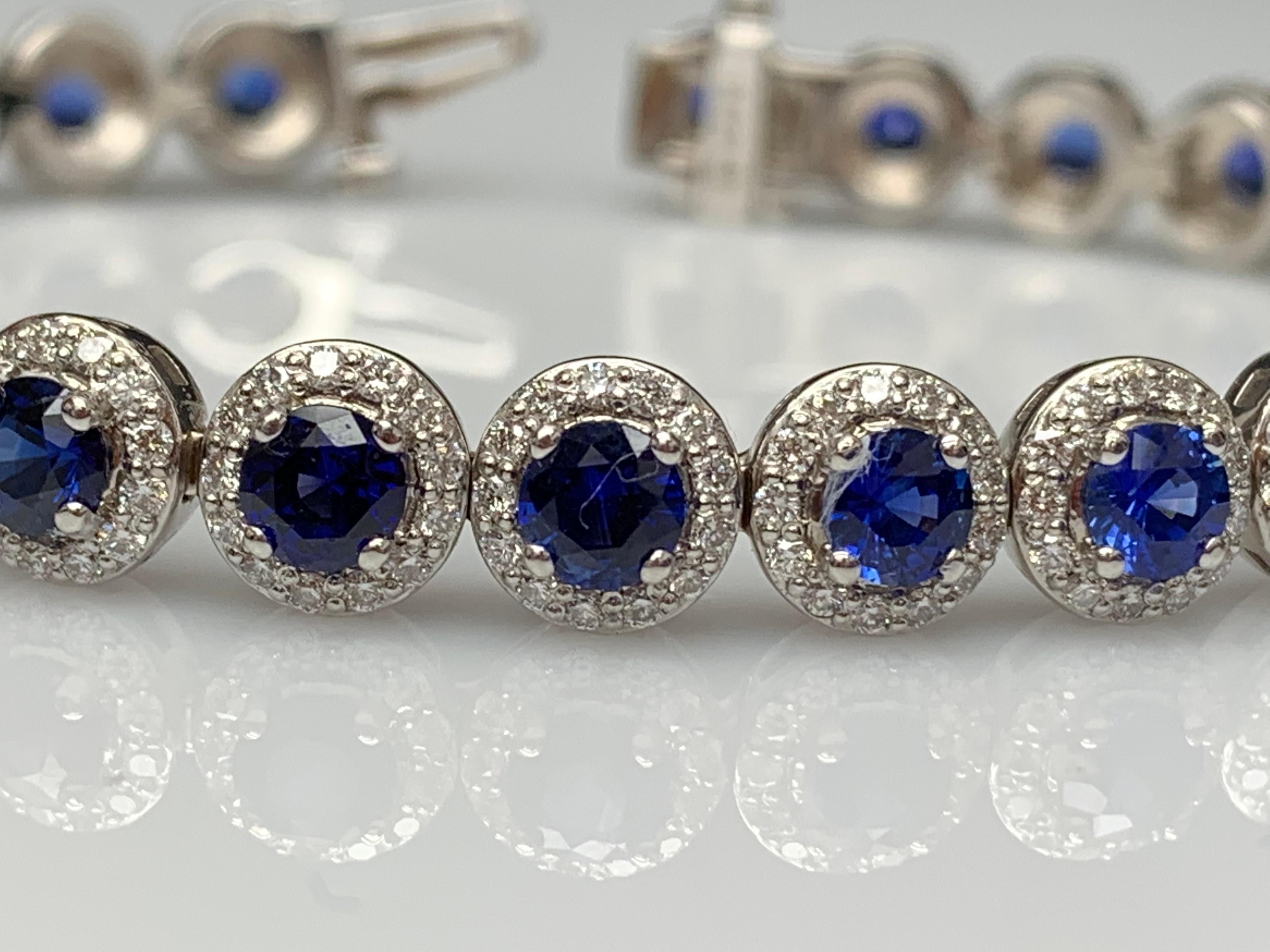 7.47 Carat Blue Sapphire and Diamond Halo Tennis Bracelet in 14k White Gold For Sale 5