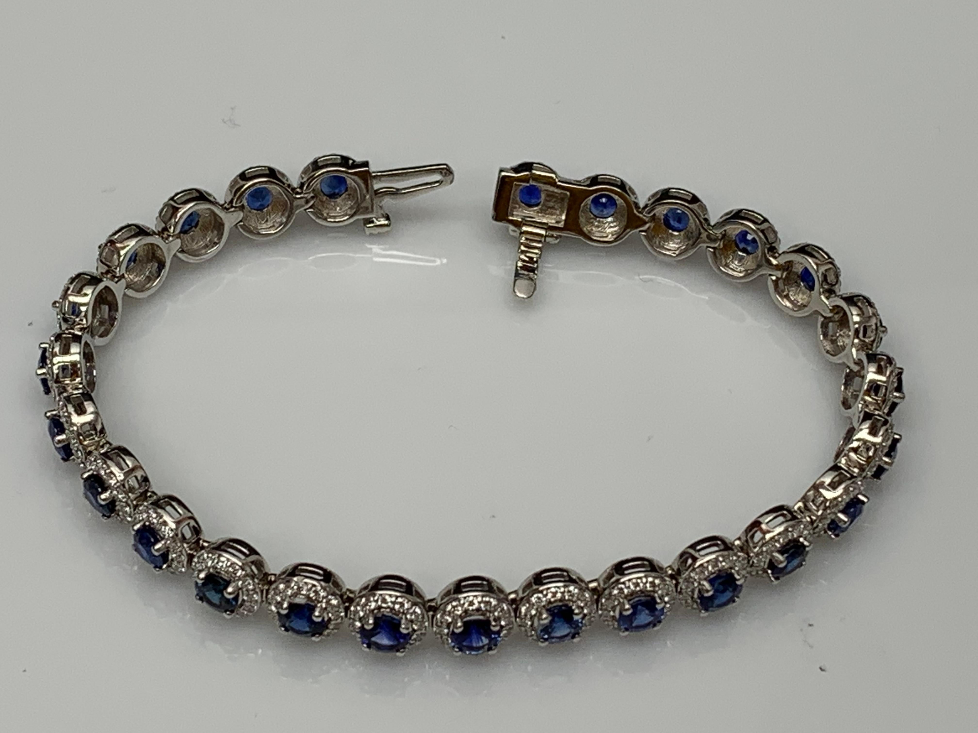 7.47 Carat Blue Sapphire and Diamond Halo Tennis Bracelet in 14k White Gold For Sale 7