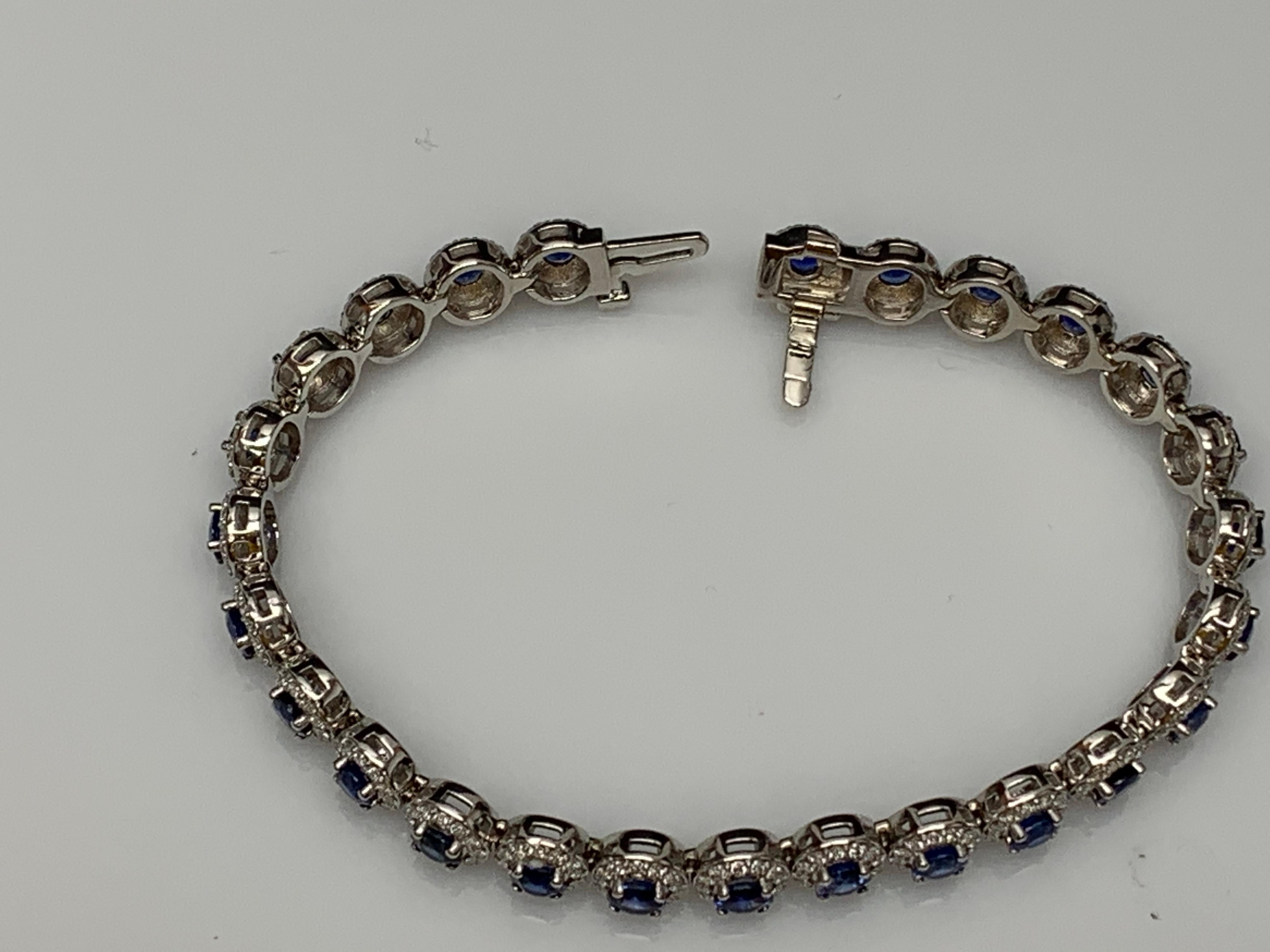 7.47 Carat Blue Sapphire and Diamond Halo Tennis Bracelet in 14k White Gold For Sale 8