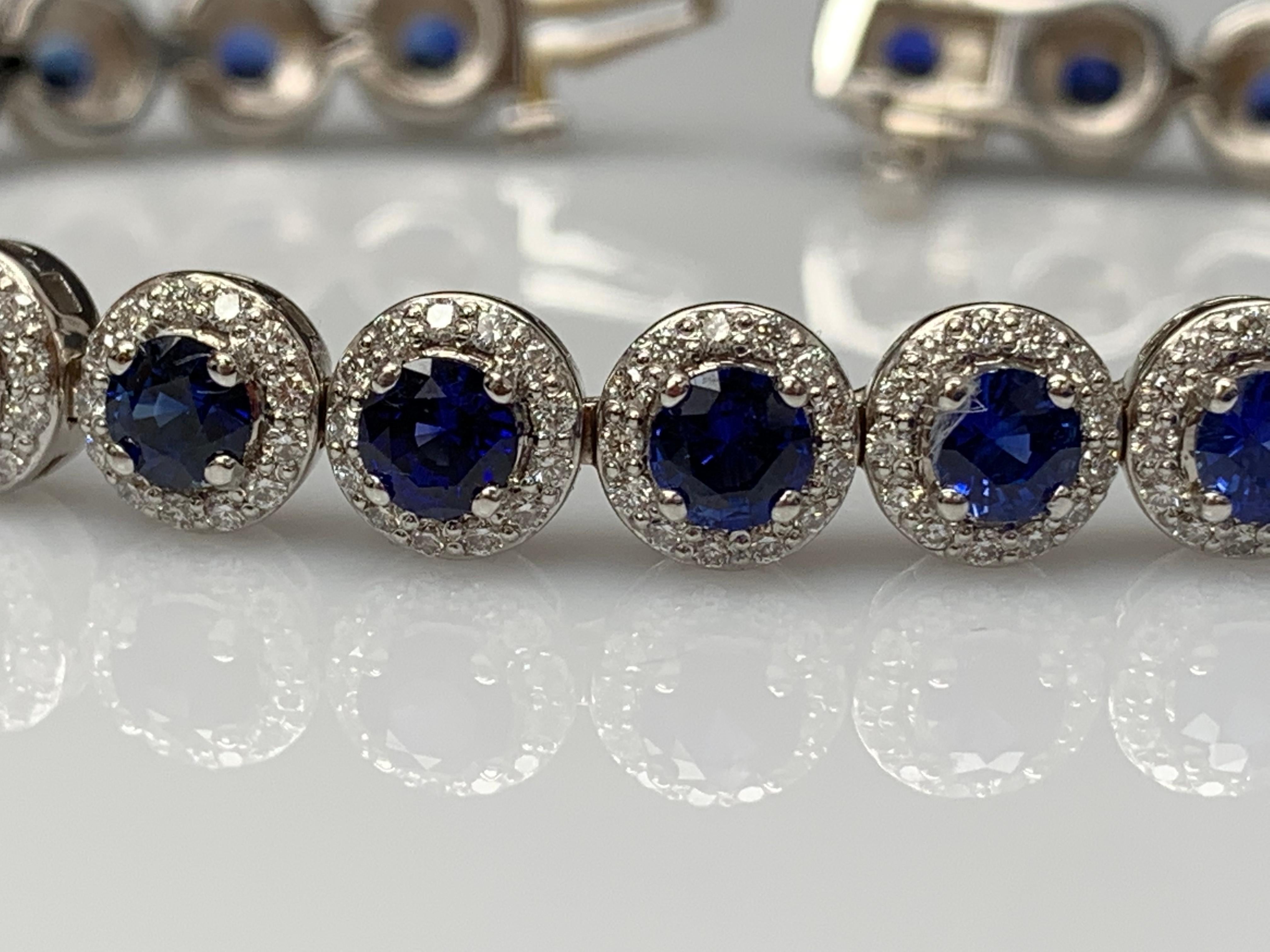 7.47 Carat Blue Sapphire and Diamond Halo Tennis Bracelet in 14k White Gold For Sale 9
