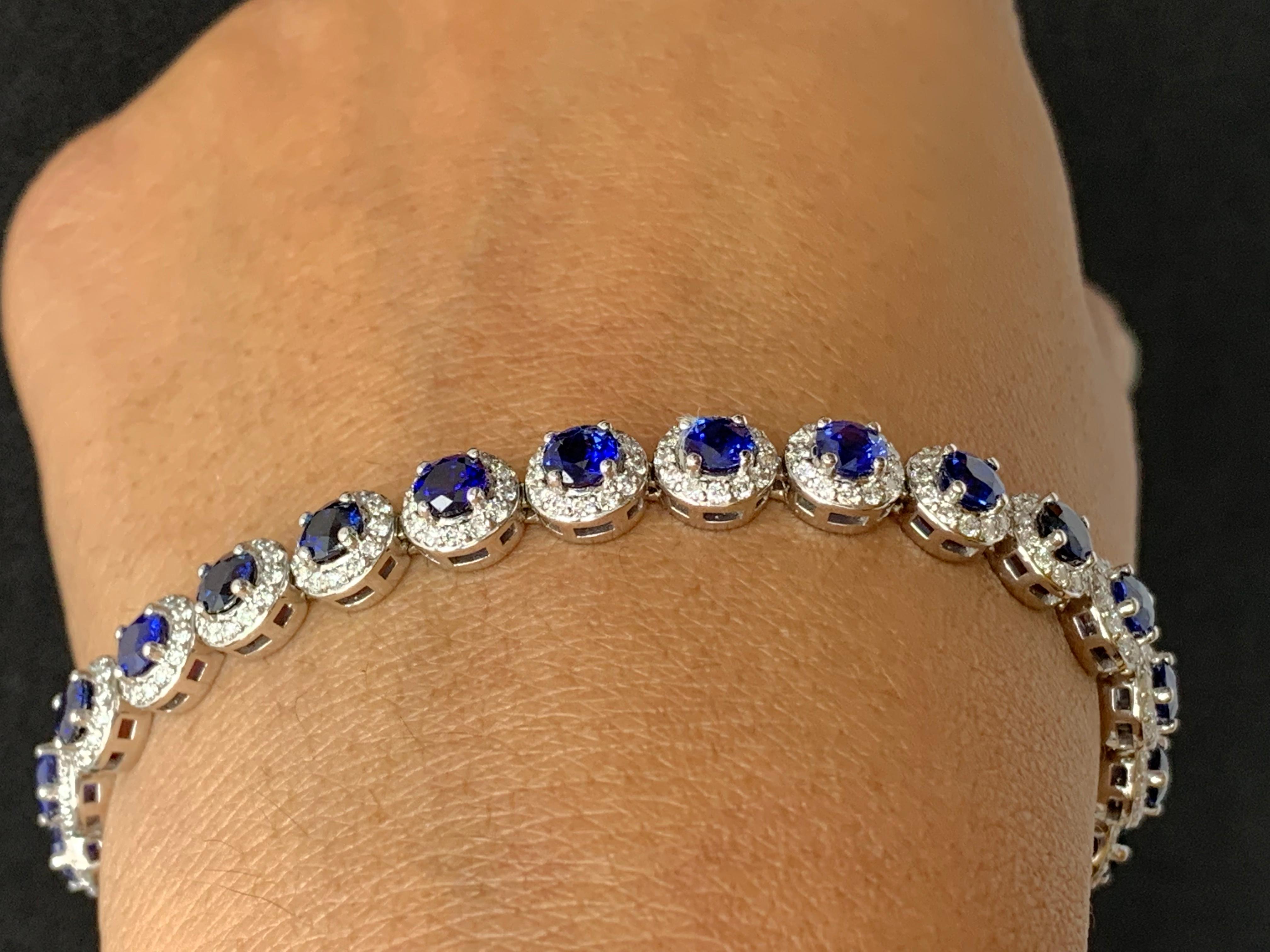 Contemporary 7.47 Carat Blue Sapphire and Diamond Halo Tennis Bracelet in 14k White Gold For Sale