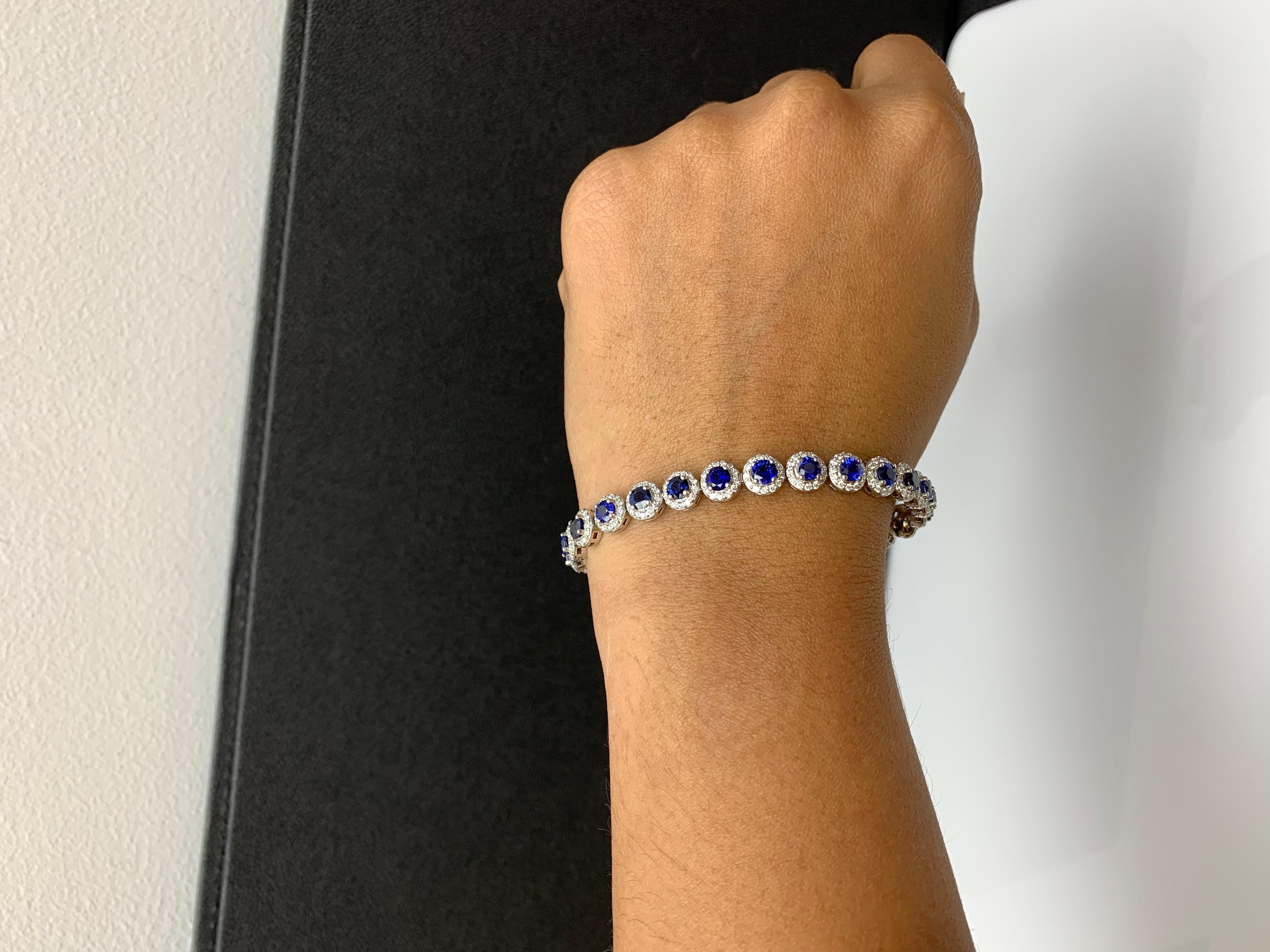 Women's 7.47 Carat Blue Sapphire and Diamond Halo Tennis Bracelet in 14k White Gold For Sale