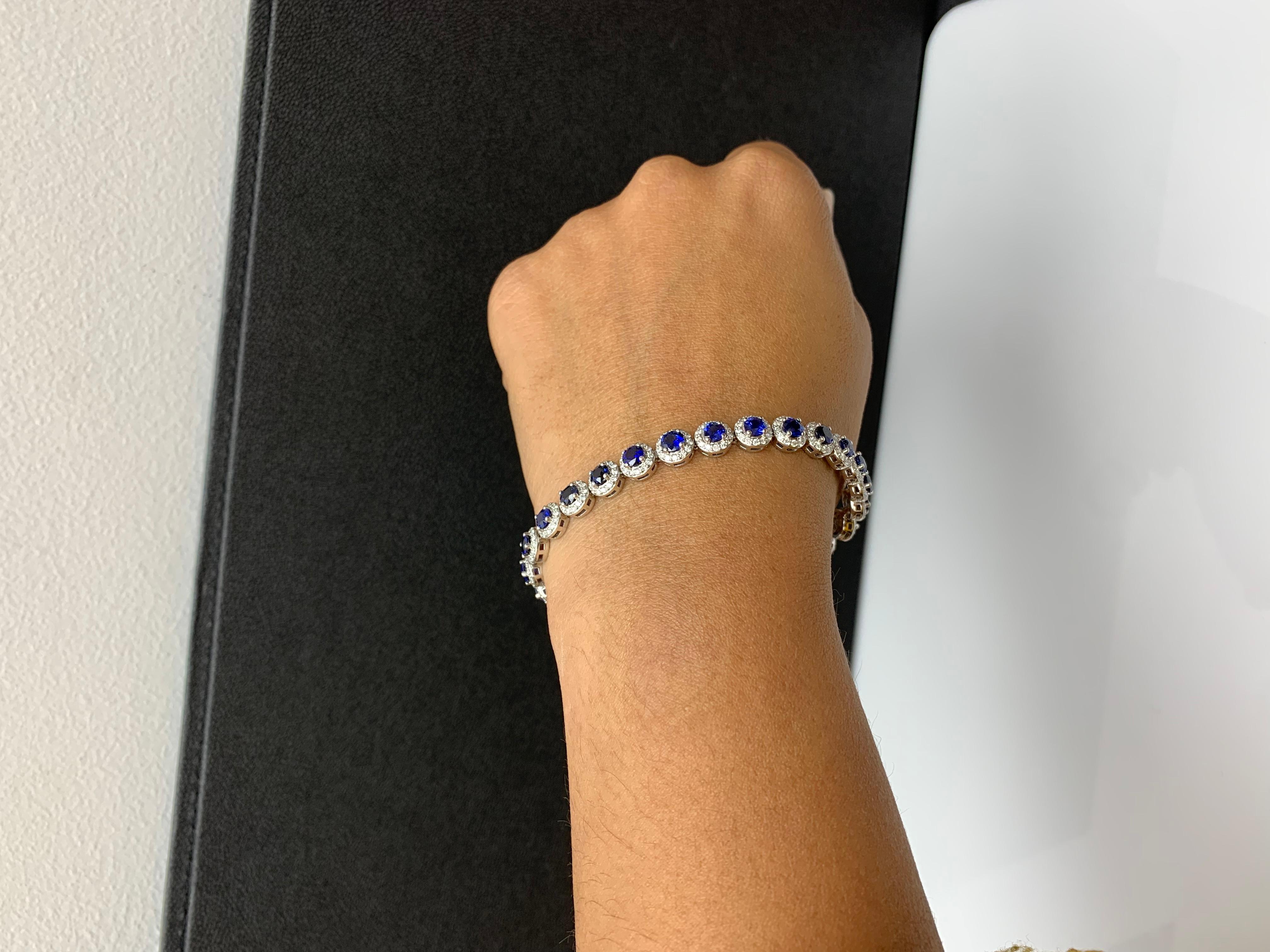 7.47 Carat Blue Sapphire and Diamond Halo Tennis Bracelet in 14k White Gold For Sale 1