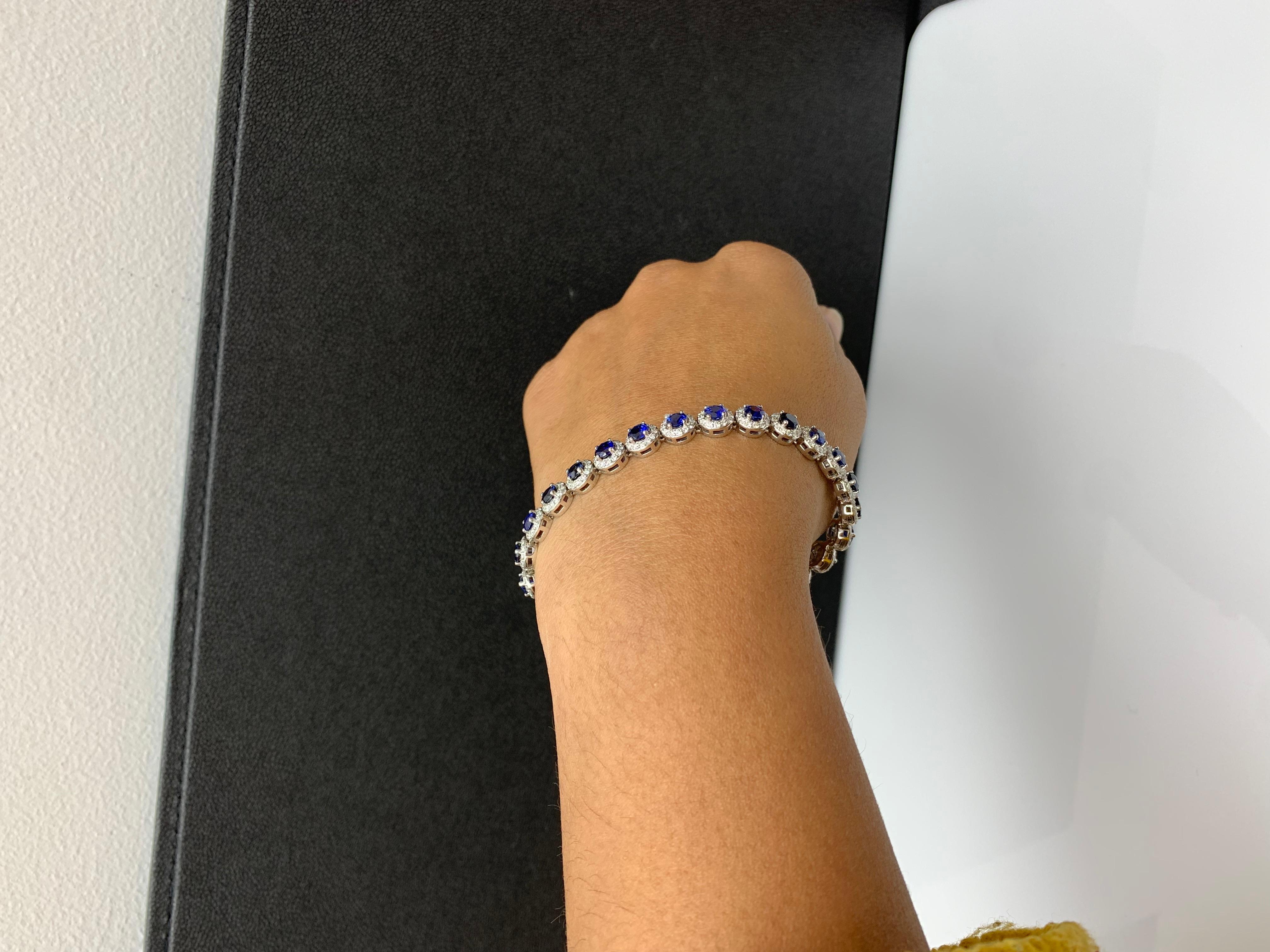 7.47 Carat Blue Sapphire and Diamond Halo Tennis Bracelet in 14k White Gold For Sale 2