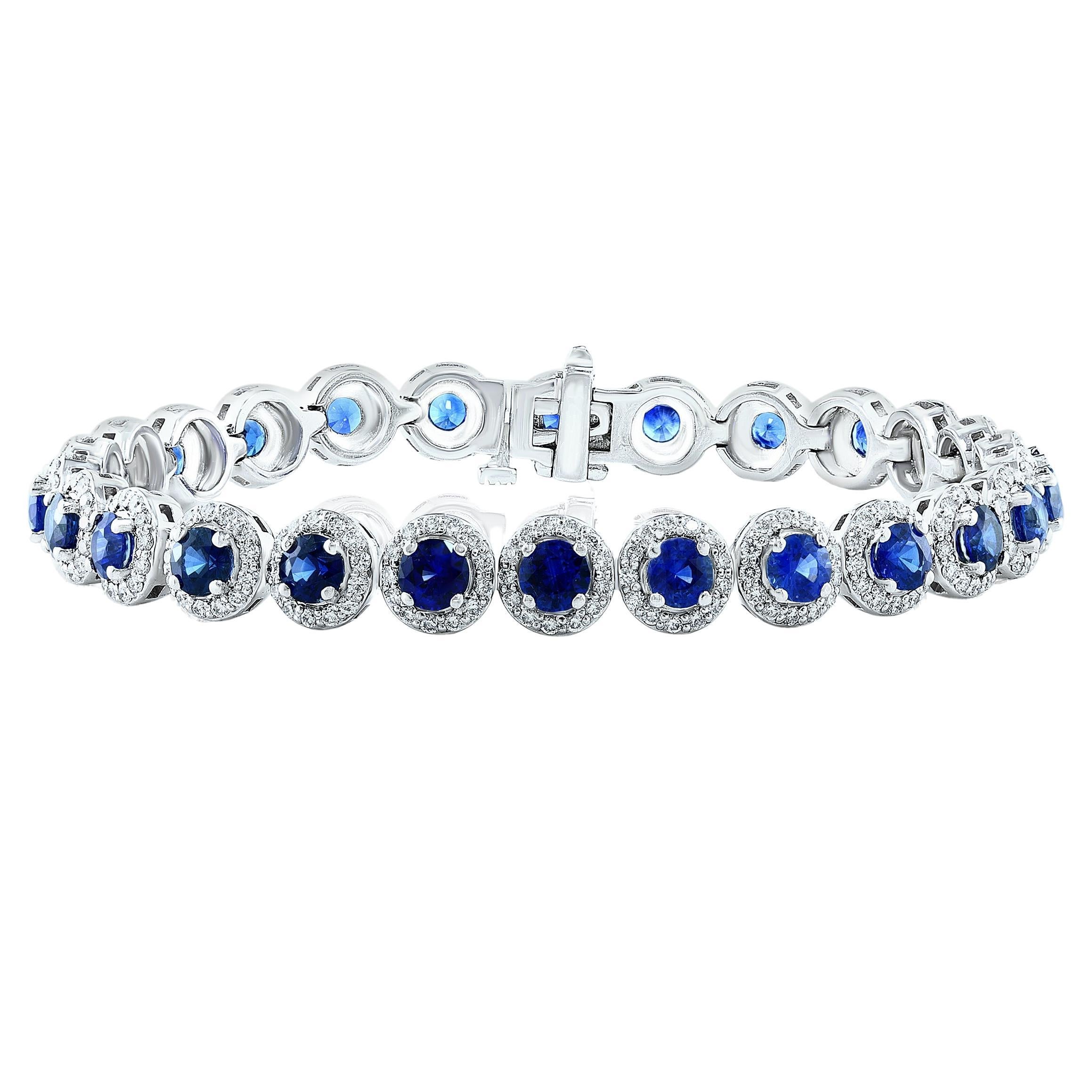 7.47 Carat Blue Sapphire and Diamond Halo Tennis Bracelet in 14k White Gold For Sale