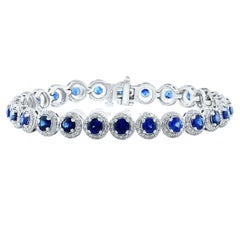 7,47 Karat blauer Saphir und Diamant Halo Tennisarmband aus 14k Weißgold