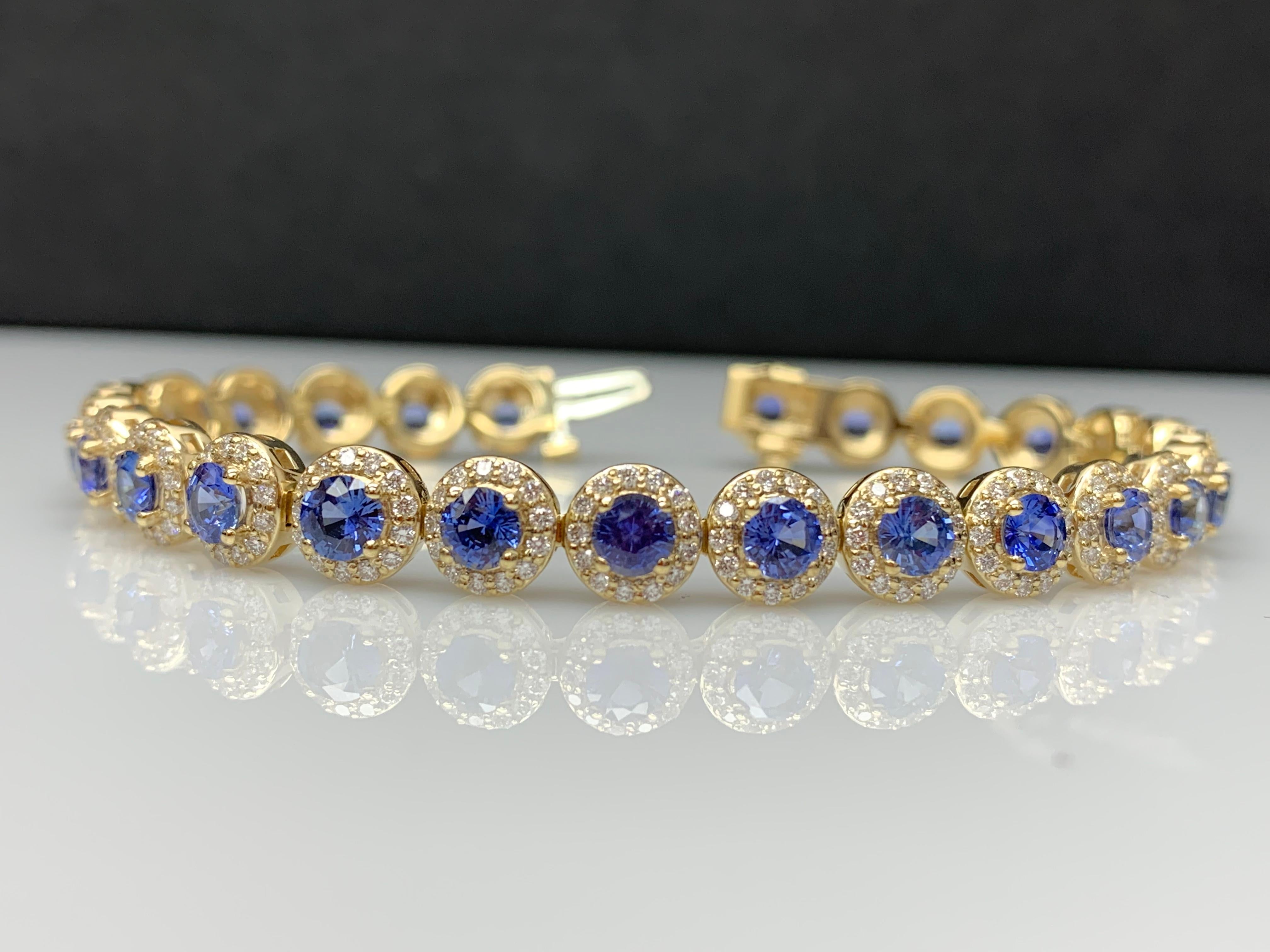 7.47 Carat Blue Sapphire and Diamond Halo Tennis Bracelet in 14k Yellow Gold For Sale 4