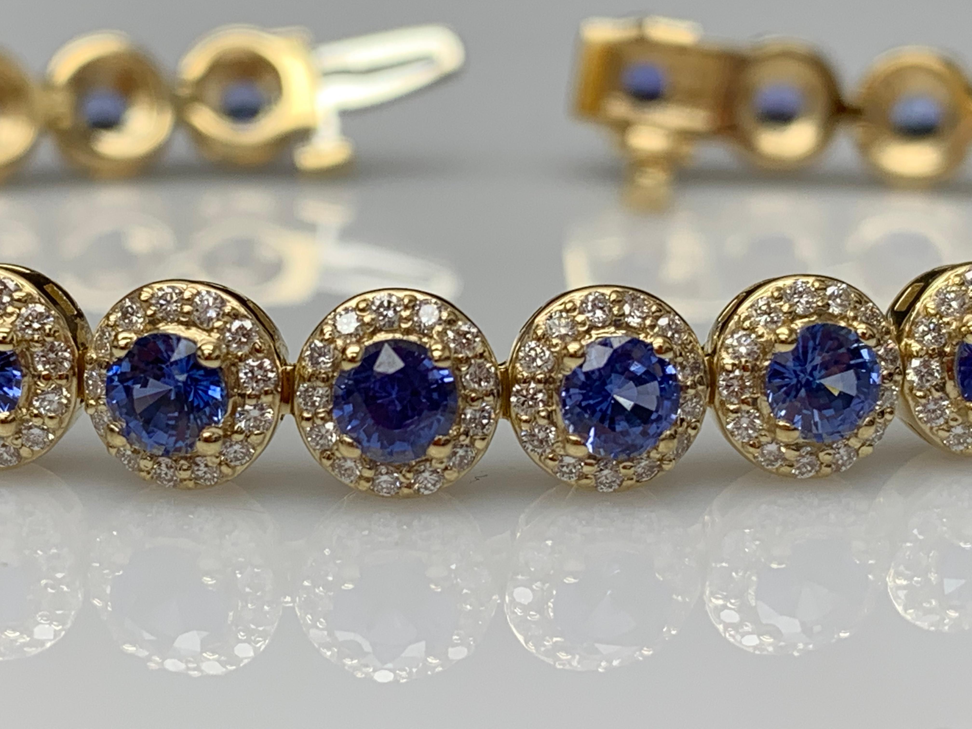7.47 Carat Blue Sapphire and Diamond Halo Tennis Bracelet in 14k Yellow Gold For Sale 5