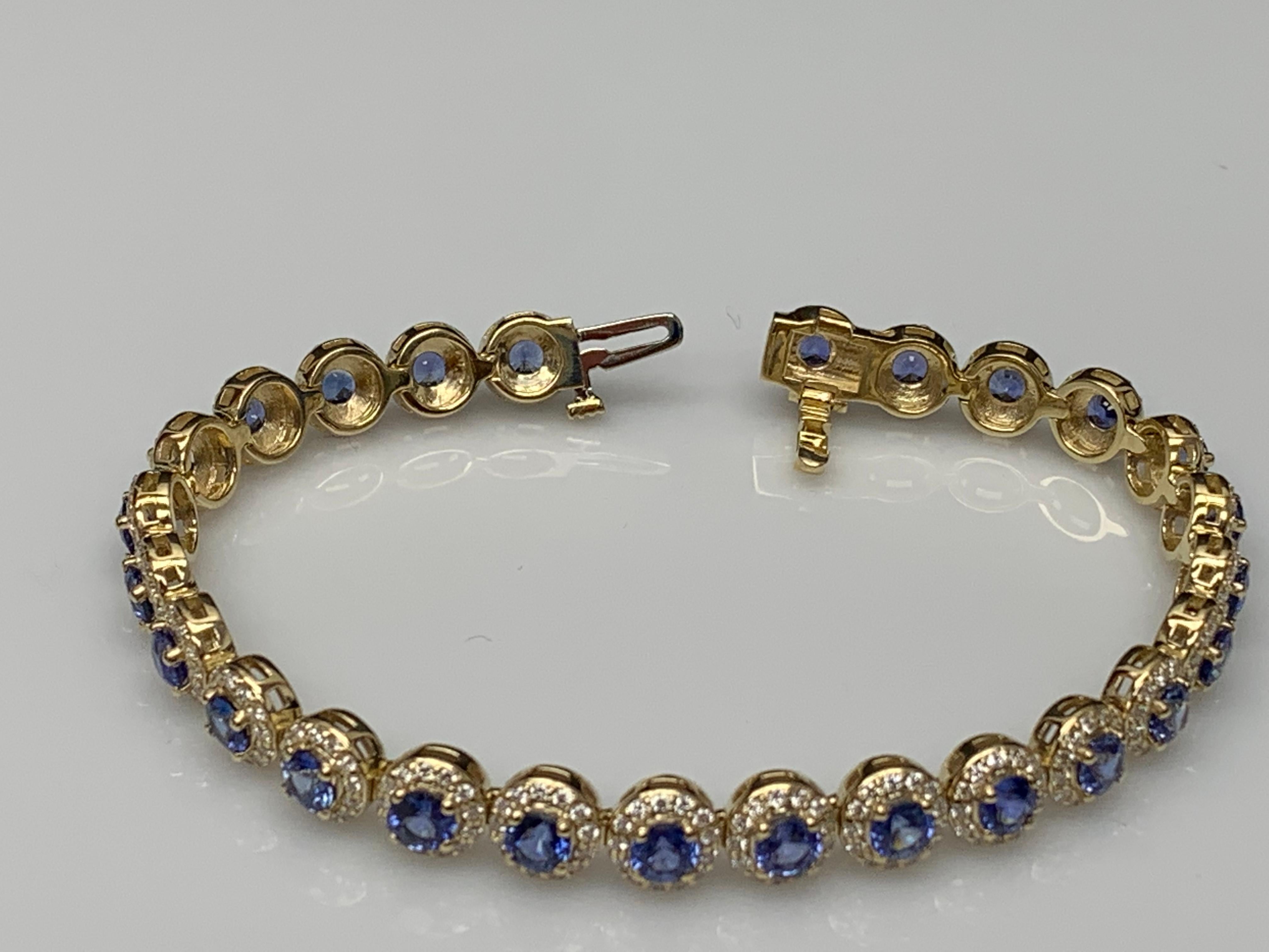 7.47 Carat Blue Sapphire and Diamond Halo Tennis Bracelet in 14k Yellow Gold For Sale 8