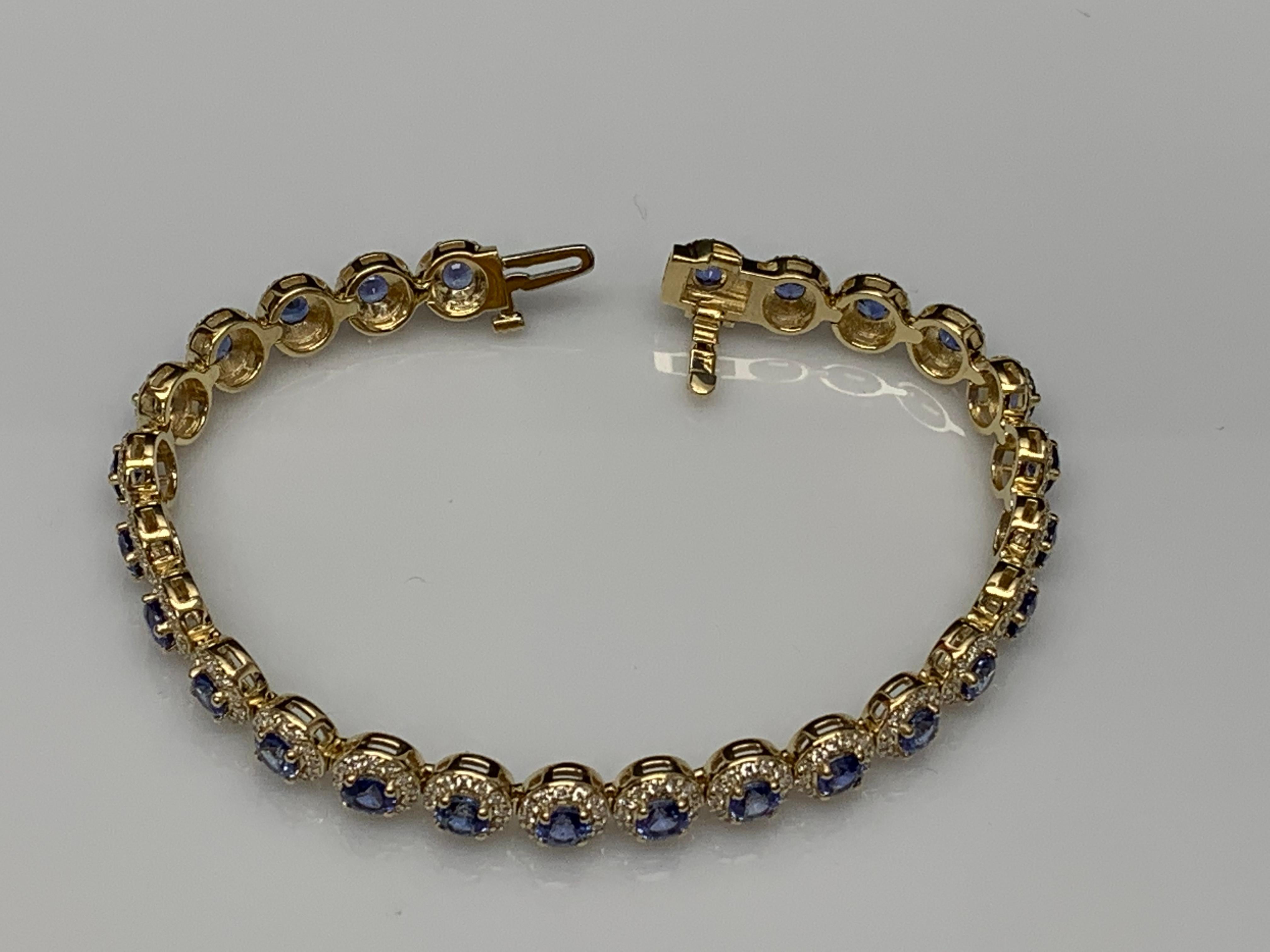 7.47 Carat Blue Sapphire and Diamond Halo Tennis Bracelet in 14k Yellow Gold For Sale 10