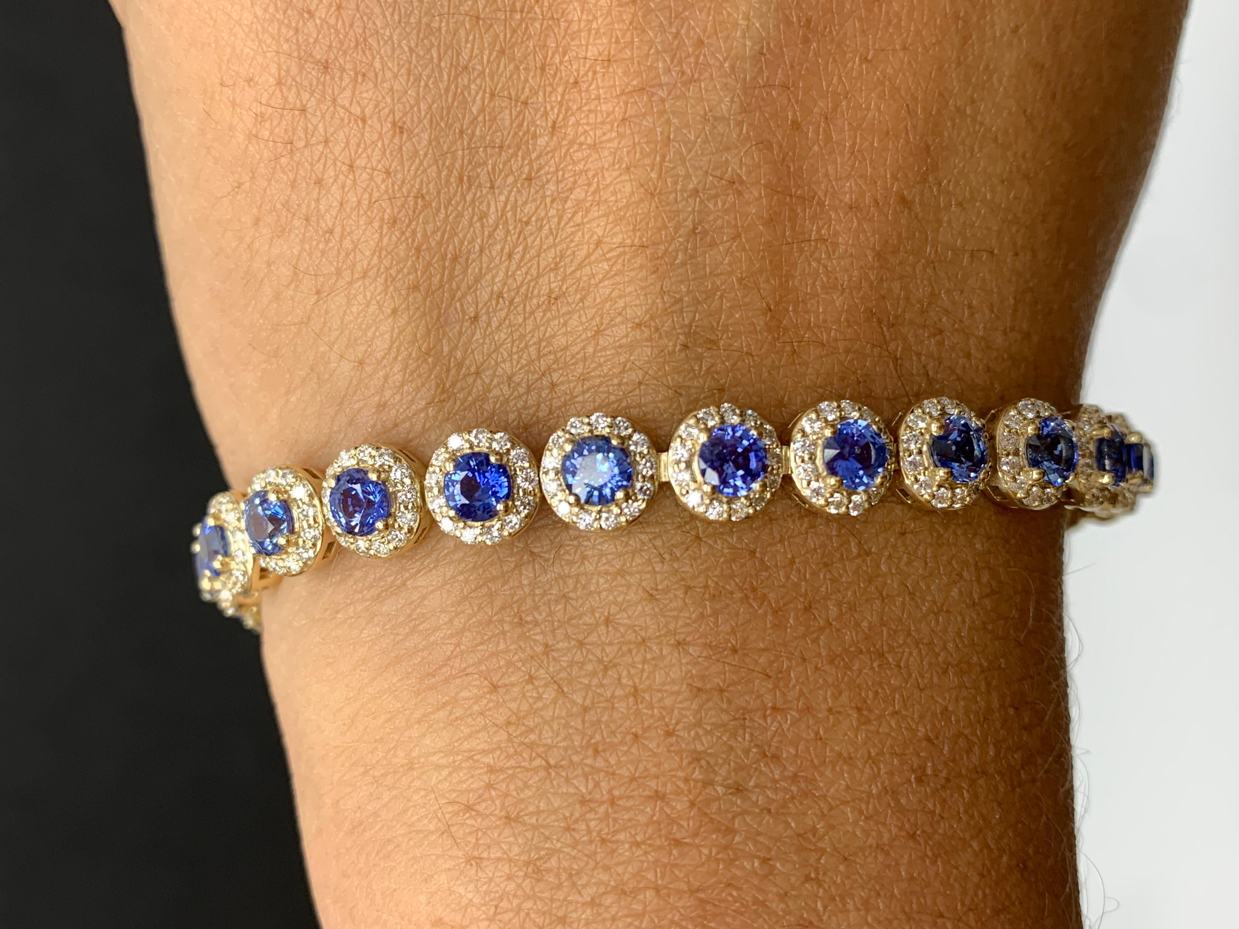 Contemporary 7.47 Carat Blue Sapphire and Diamond Halo Tennis Bracelet in 14k Yellow Gold For Sale
