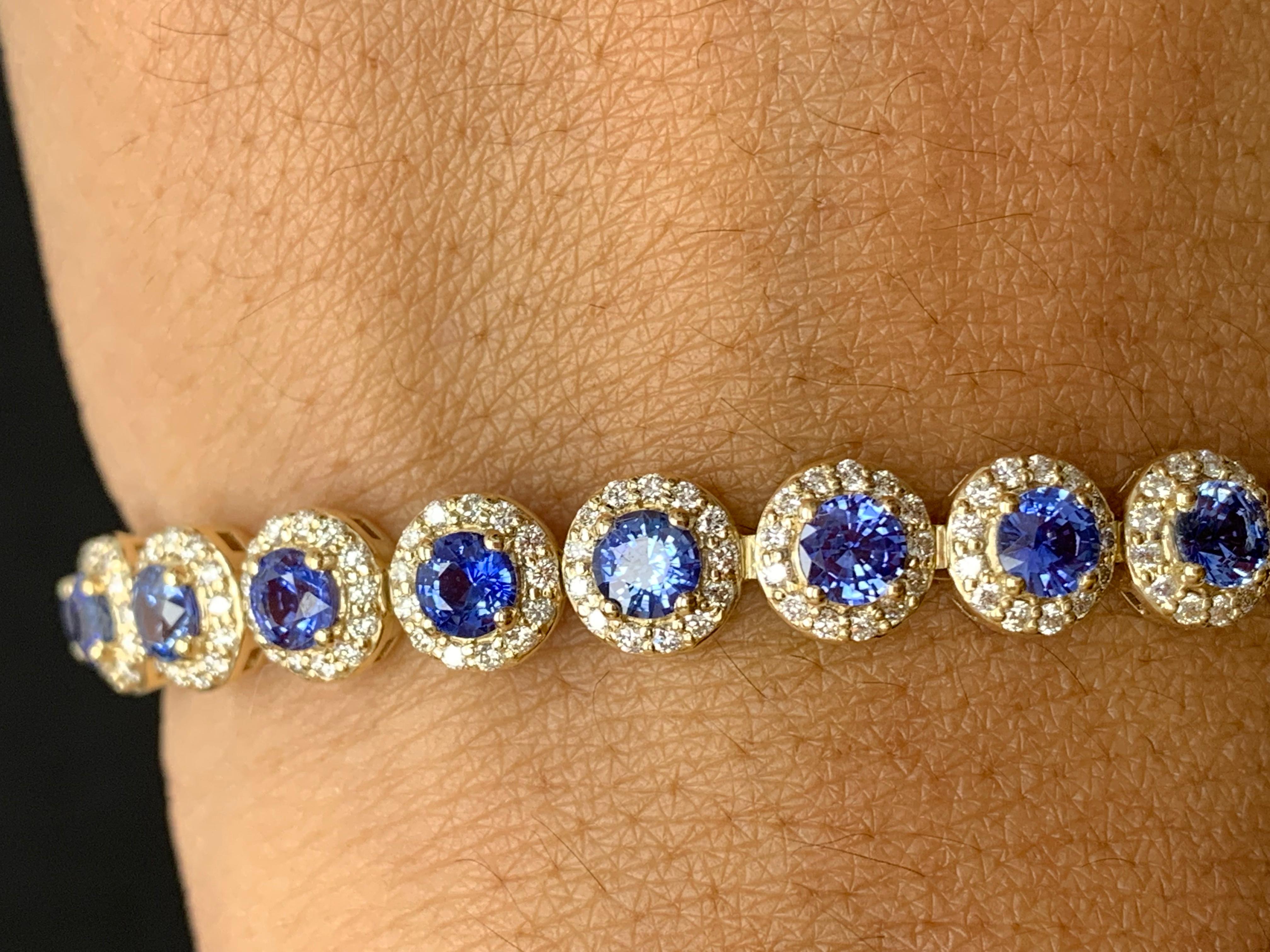 Round Cut 7.47 Carat Blue Sapphire and Diamond Halo Tennis Bracelet in 14k Yellow Gold For Sale