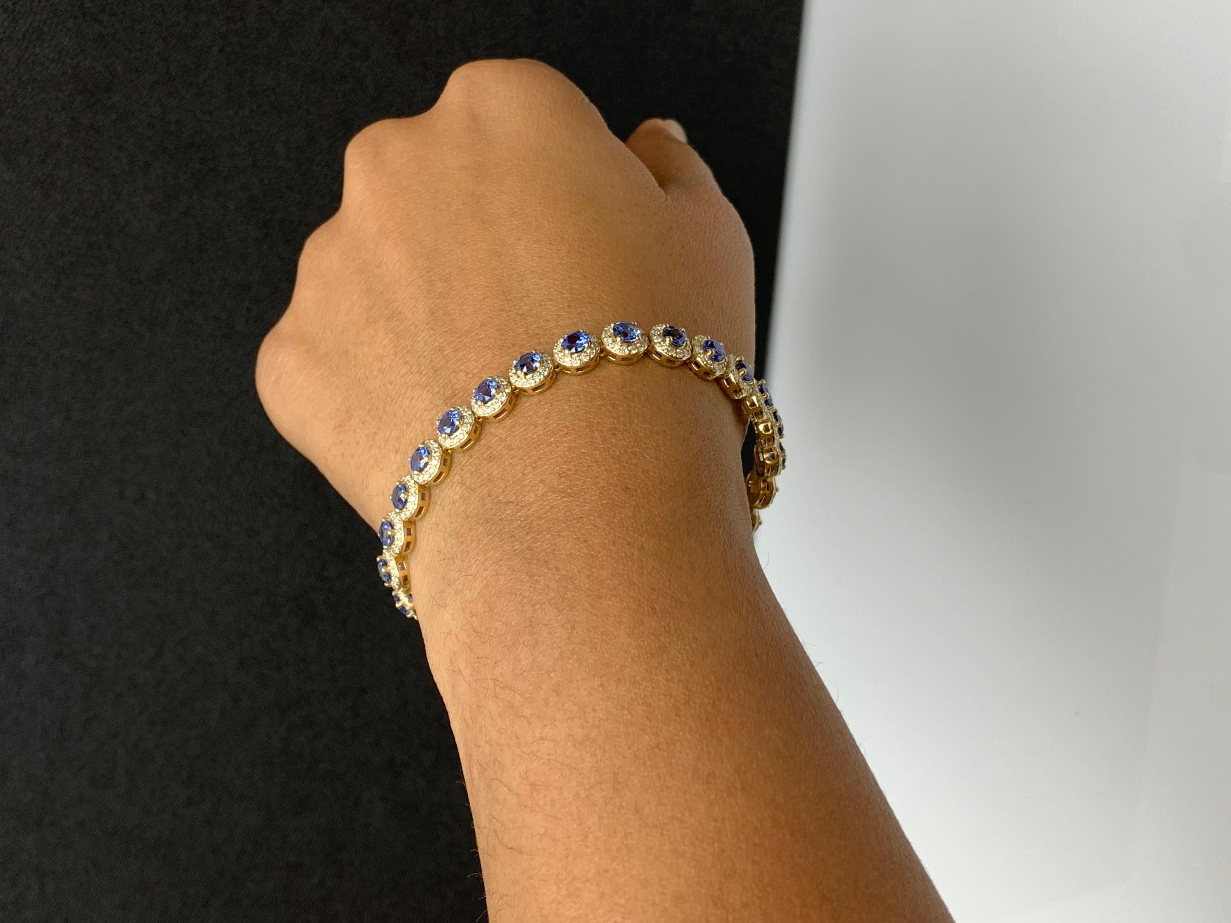 7.47 Carat Blue Sapphire and Diamond Halo Tennis Bracelet in 14k Yellow Gold For Sale 1