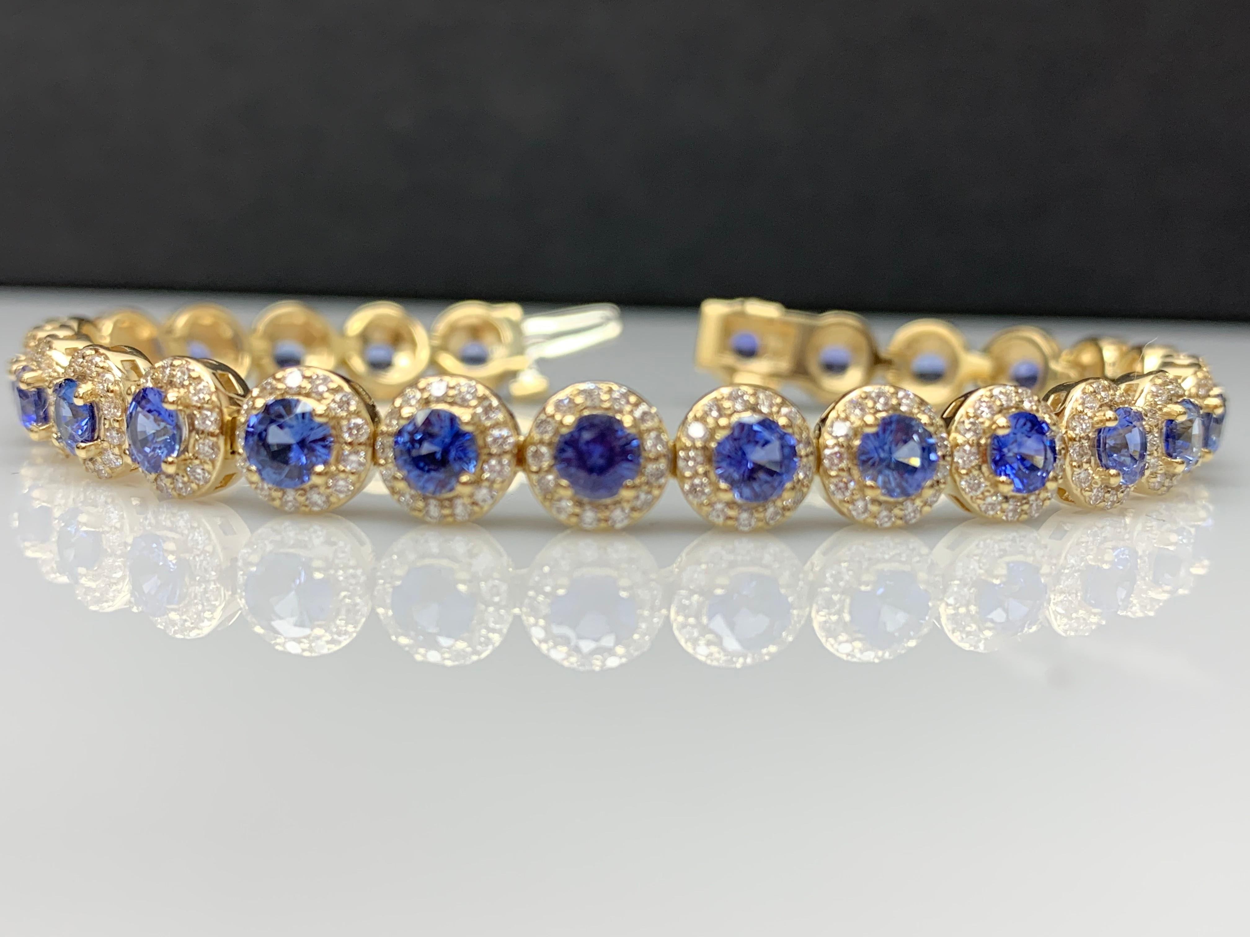 7.47 Carat Blue Sapphire and Diamond Halo Tennis Bracelet in 14k Yellow Gold For Sale 3