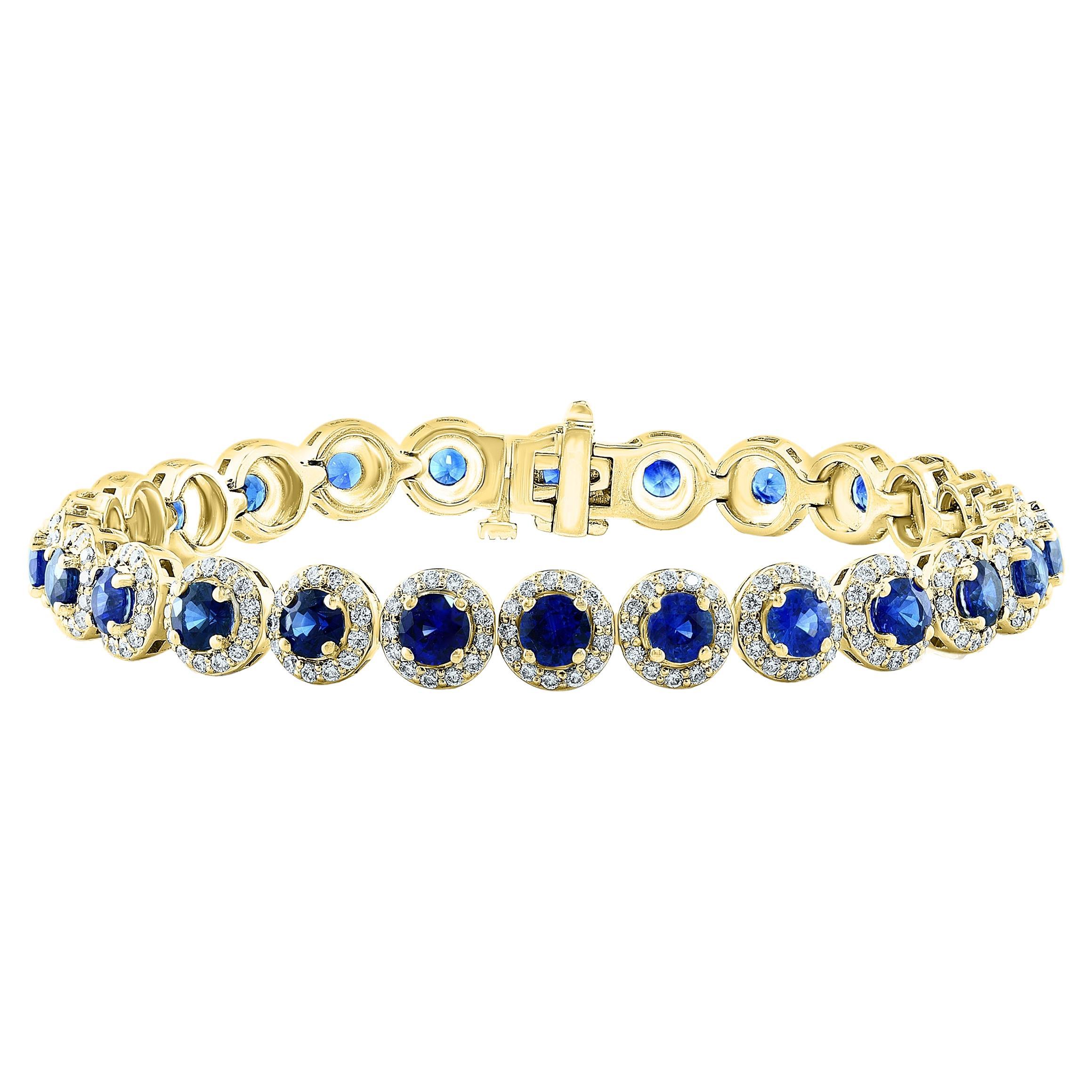 7.47 Carat Blue Sapphire and Diamond Halo Tennis Bracelet in 14k Yellow Gold For Sale
