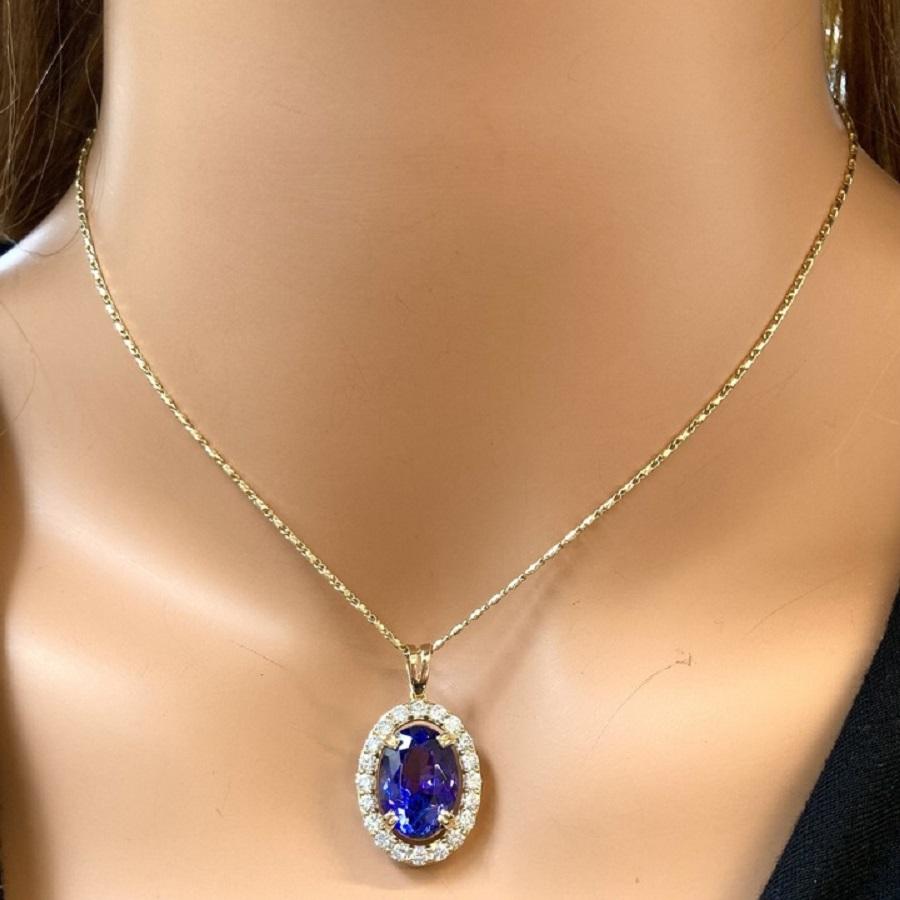 Round Cut 7.47 Carat Bluish Purple Oval Tanzanite & Diamond Pendant In 14k Yellow Gold For Sale
