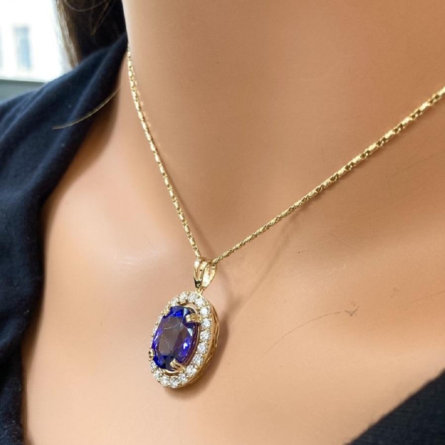 7.47 Carat Bluish Purple Oval Tanzanite & Diamond Pendant In 14k Yellow Gold In New Condition For Sale In Chicago, IL
