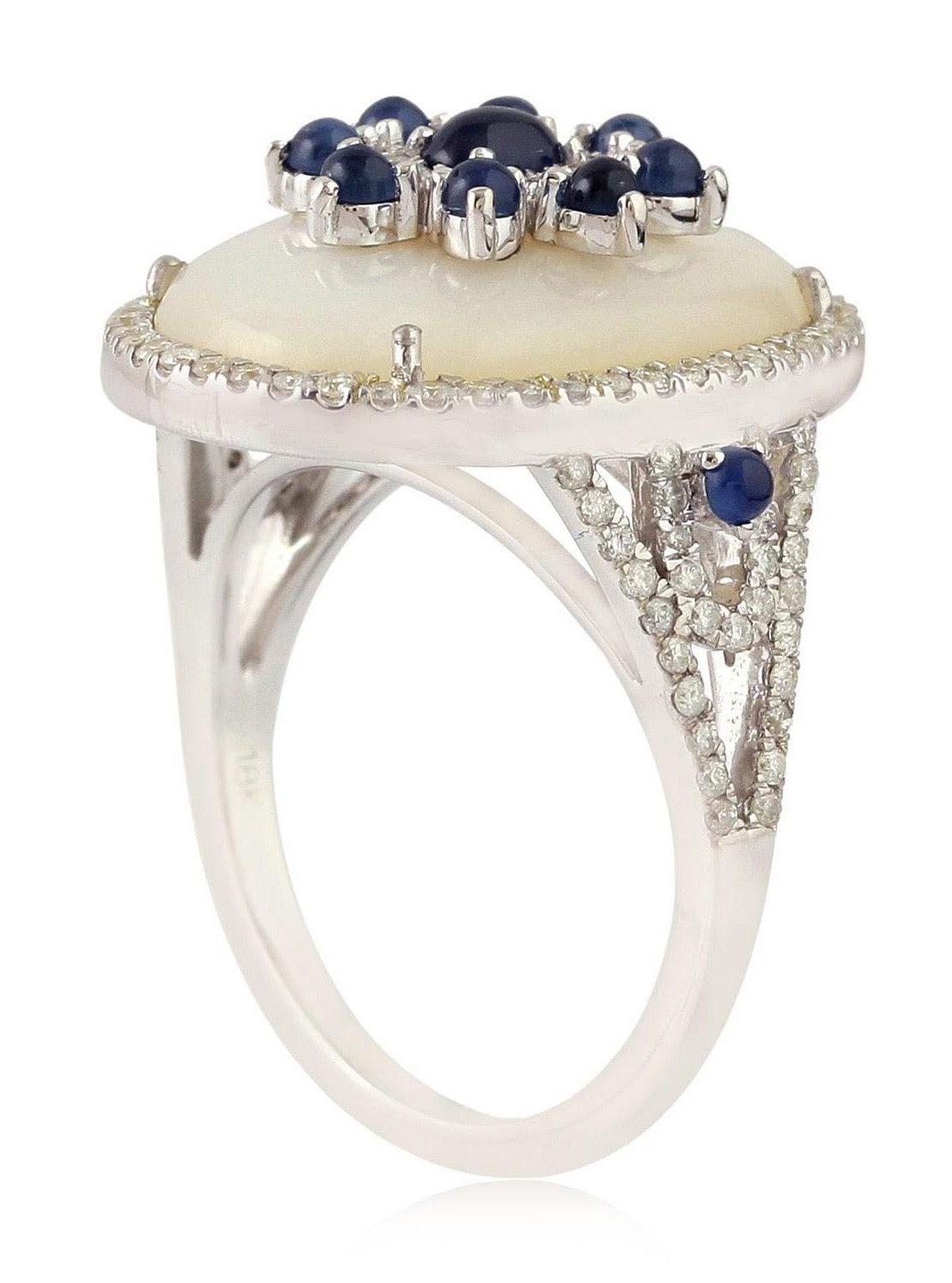 For Sale:  7.47 Carat Mother of Pearl Blue Sapphire Diamond 14 Karat Gold Cocktail Ring 4