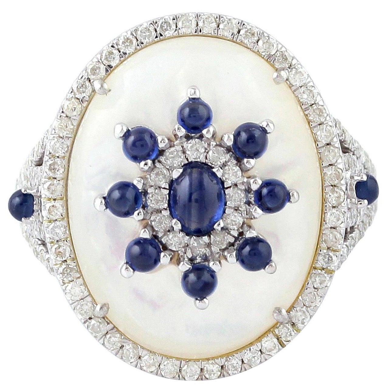 For Sale:  7.47 Carat Mother of Pearl Blue Sapphire Diamond 14 Karat Gold Cocktail Ring