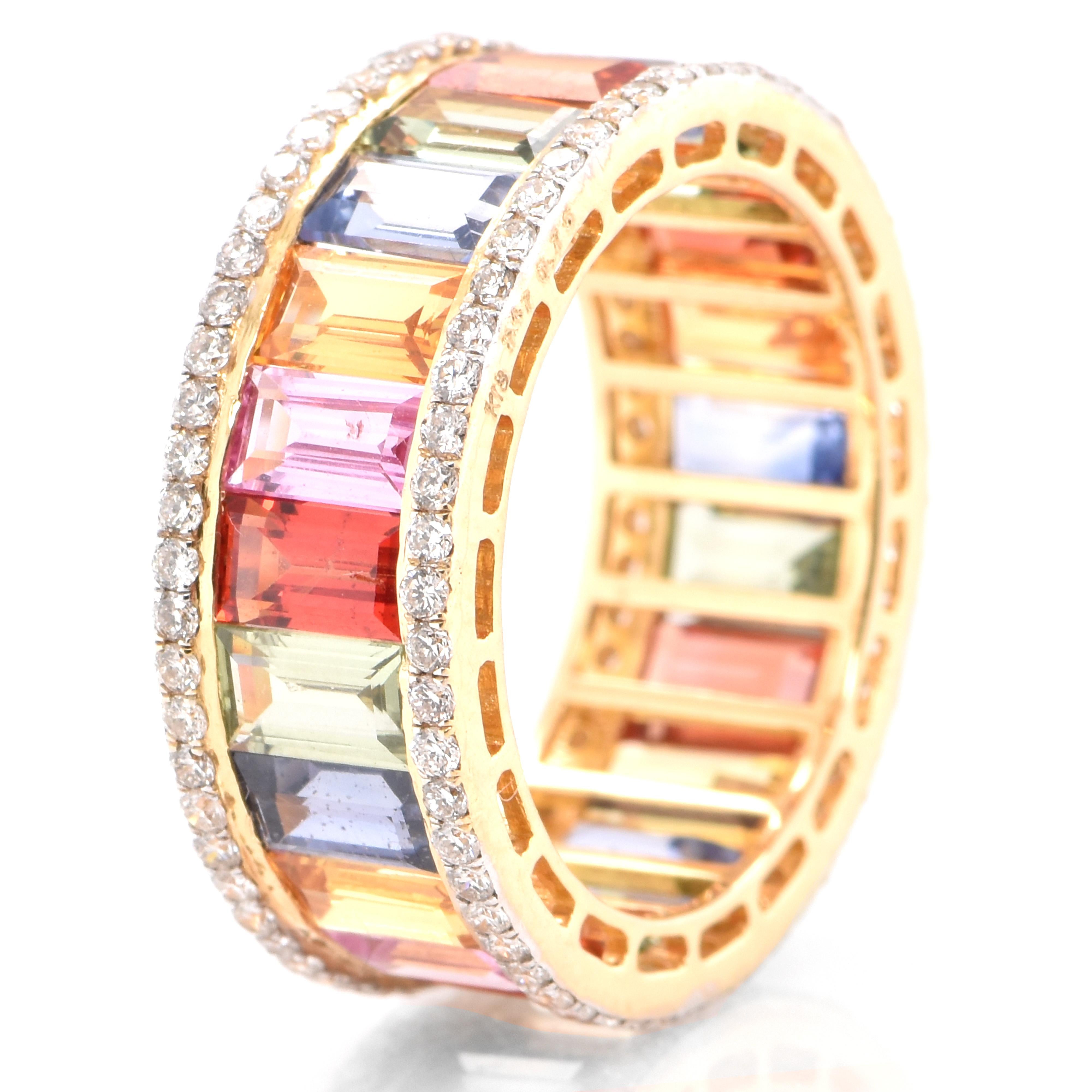 A beautiful ring featuring 7.47 Carats of Multi Colored Sapphires and 0.76 Carats Diamond Accents set in 18 Karat Yellow Gold. Sapphires have extraordinary durability - they excel in hardness as well as toughness and durability making them very
