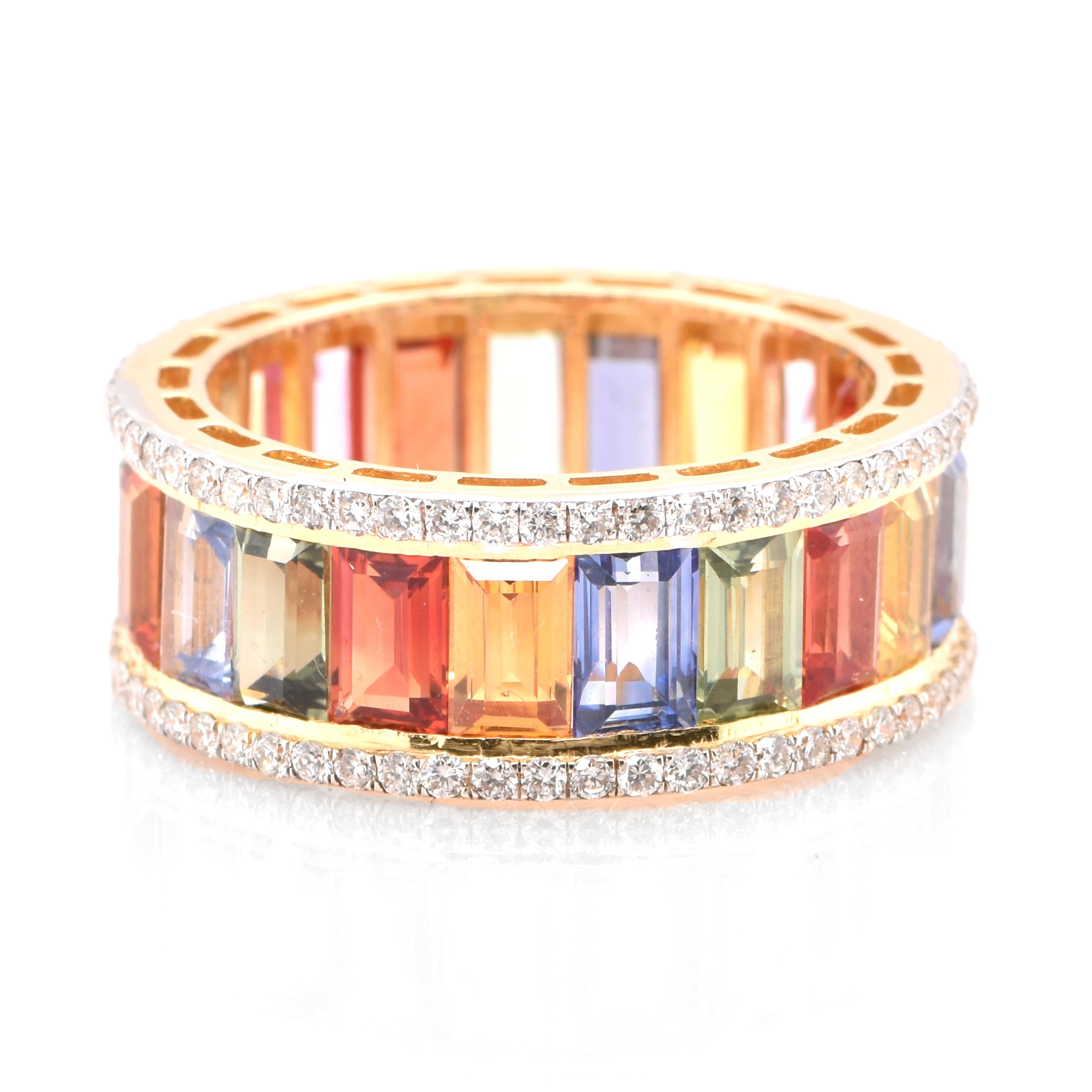 Modern 7.47 Carat Multi Color Sapphire and Diamond Eternity Ring Set in 18 Karat Gold For Sale