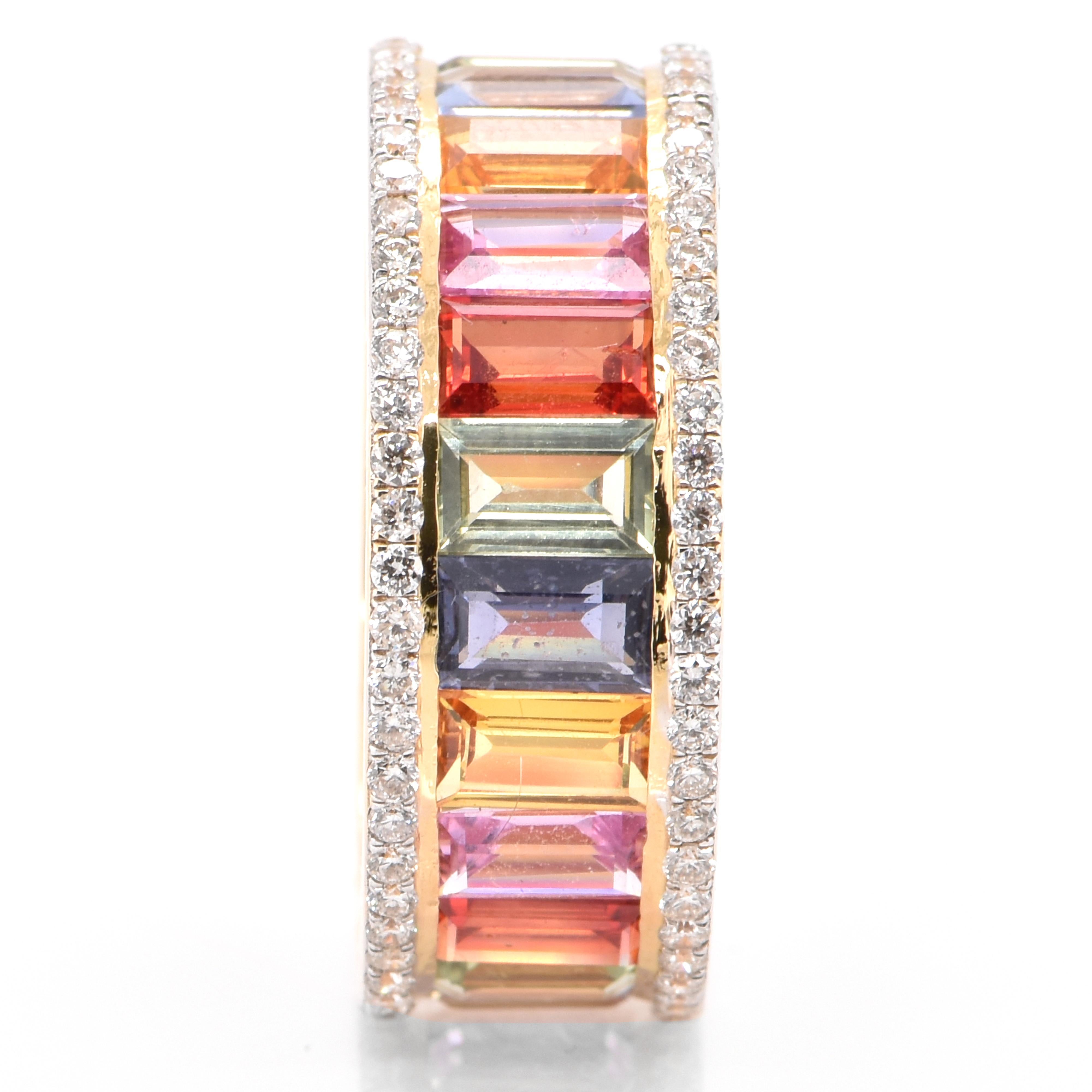 Baguette Cut 7.47 Carat Multi Color Sapphire and Diamond Eternity Ring Set in 18 Karat Gold For Sale
