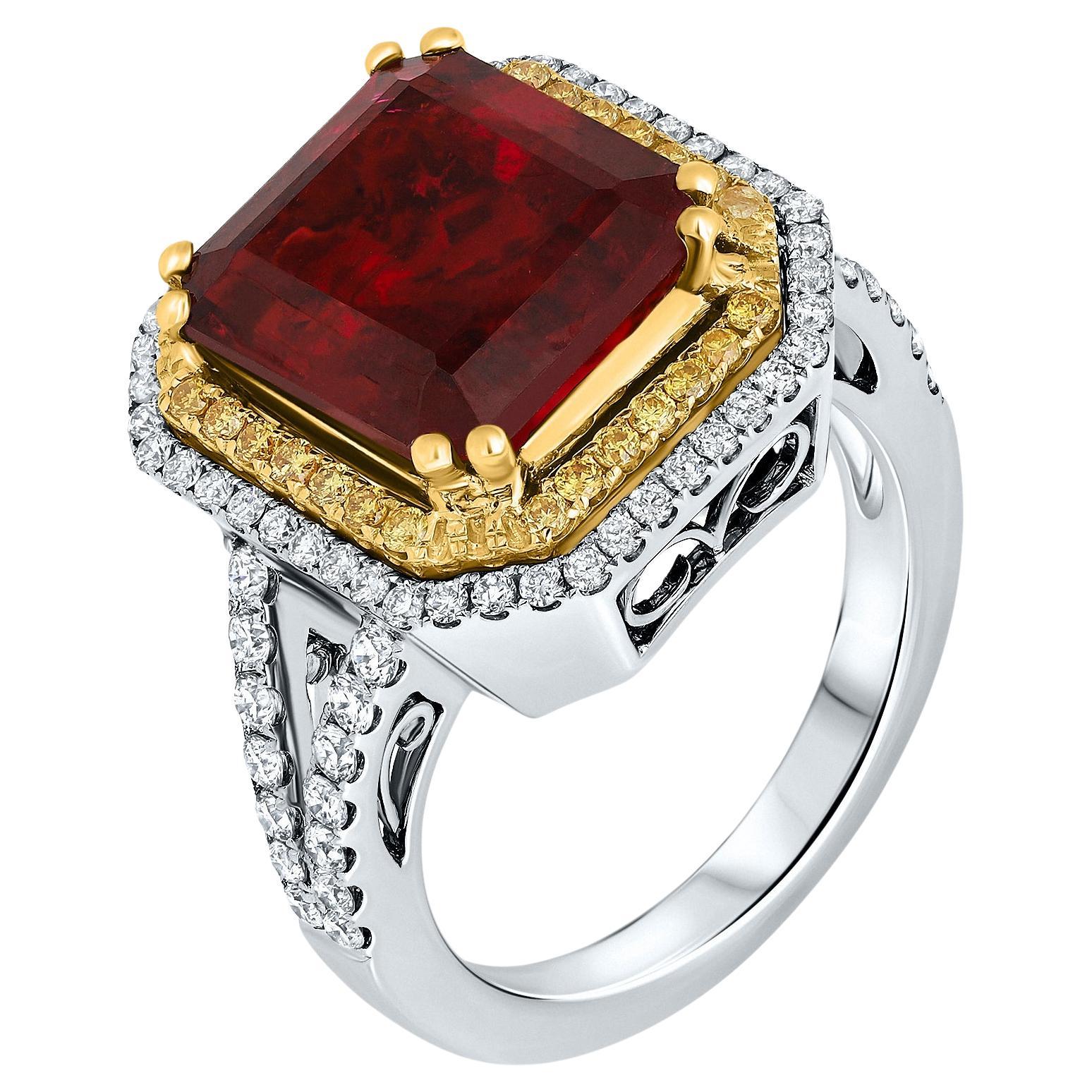 7.47 Carat Red Tourmaline with Yellow Diamond Double Halo Ring Set in 18K Gold. For Sale