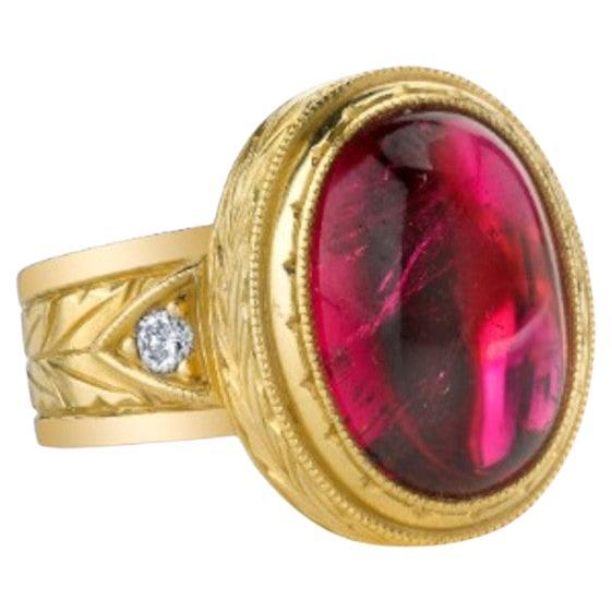 7.47 Carat Rubellite Tourmaline Cabochon and Diamond Band Ring in Yellow Gold