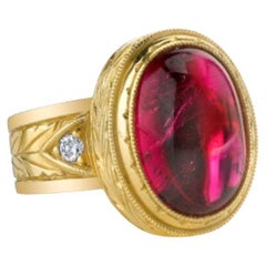 Vintage 7.47 Carat Rubellite Tourmaline Cabochon and Diamond Band Ring in Yellow Gold