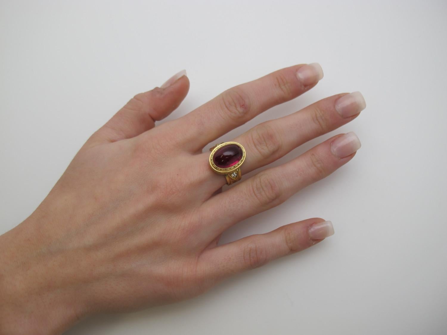 7.47 Carat Rubellite Tourmaline Cabochon and Diamond Band Ring in Yellow Gold For Sale 5
