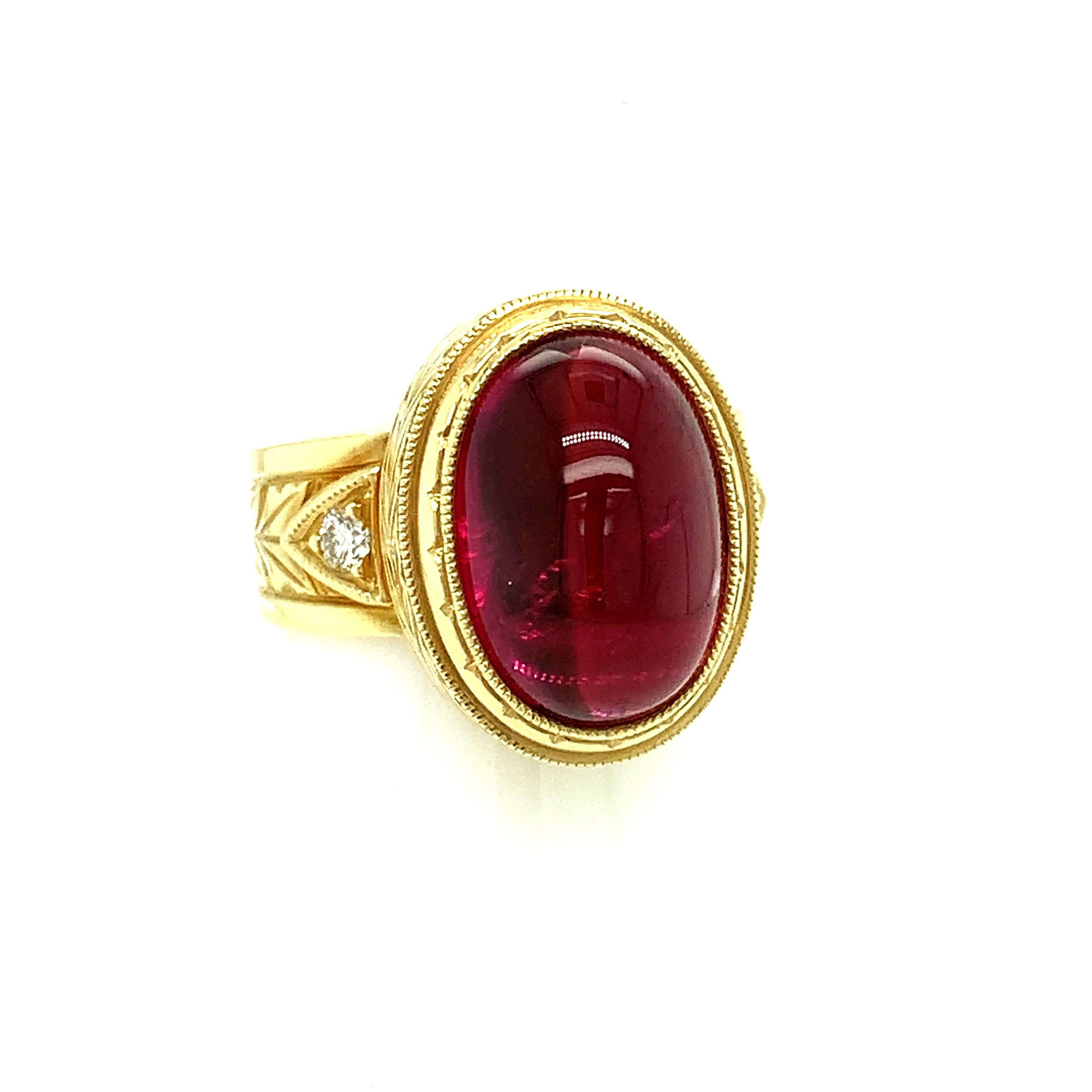 Artisan 7.47 Carat Rubellite Tourmaline Cabochon and Diamond Band Ring in Yellow Gold For Sale