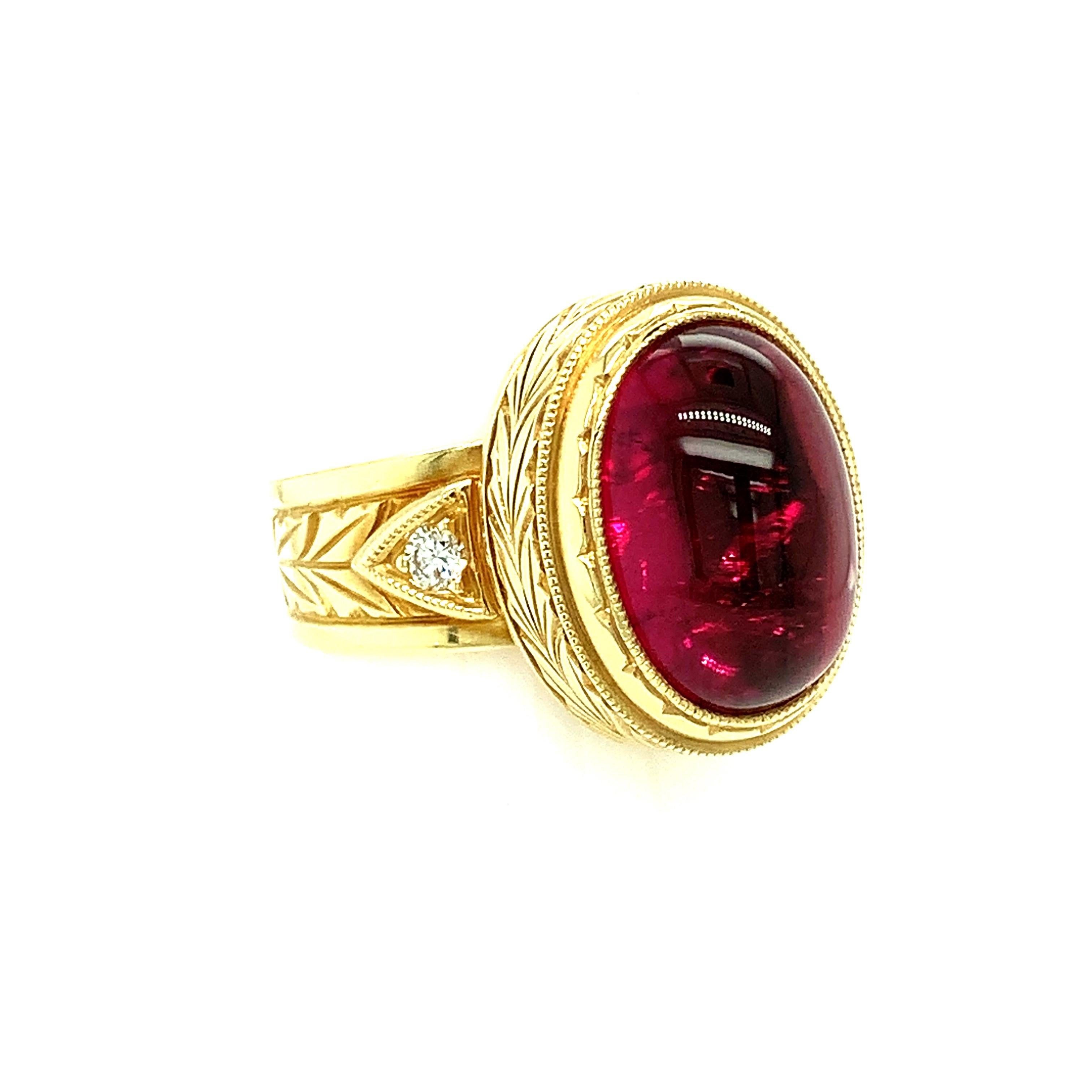 7.47 Carat Rubellite Tourmaline Cabochon and Diamond Band Ring in Yellow Gold In New Condition For Sale In Los Angeles, CA