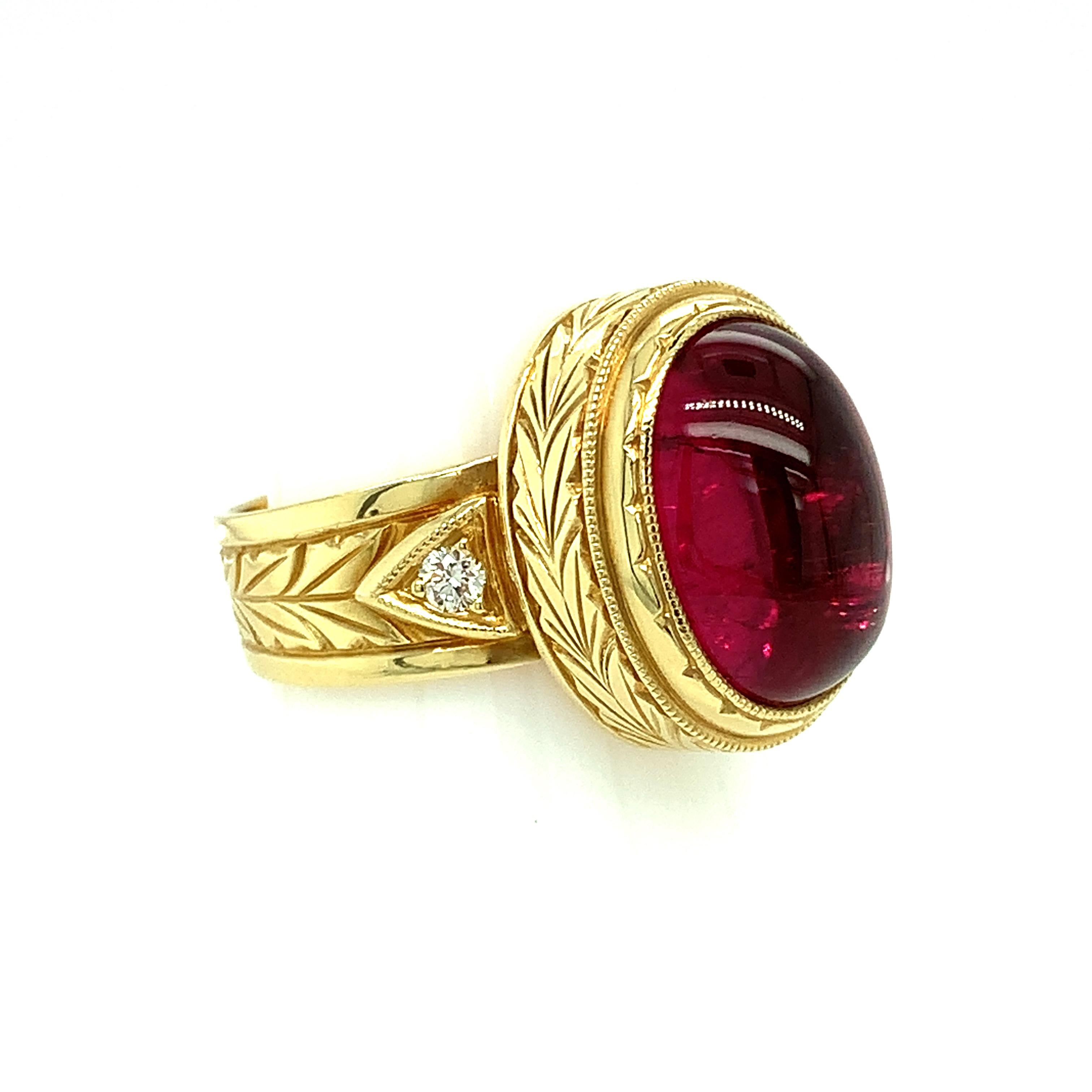 Women's or Men's 7.47 Carat Rubellite Tourmaline Cabochon and Diamond Band Ring in Yellow Gold For Sale