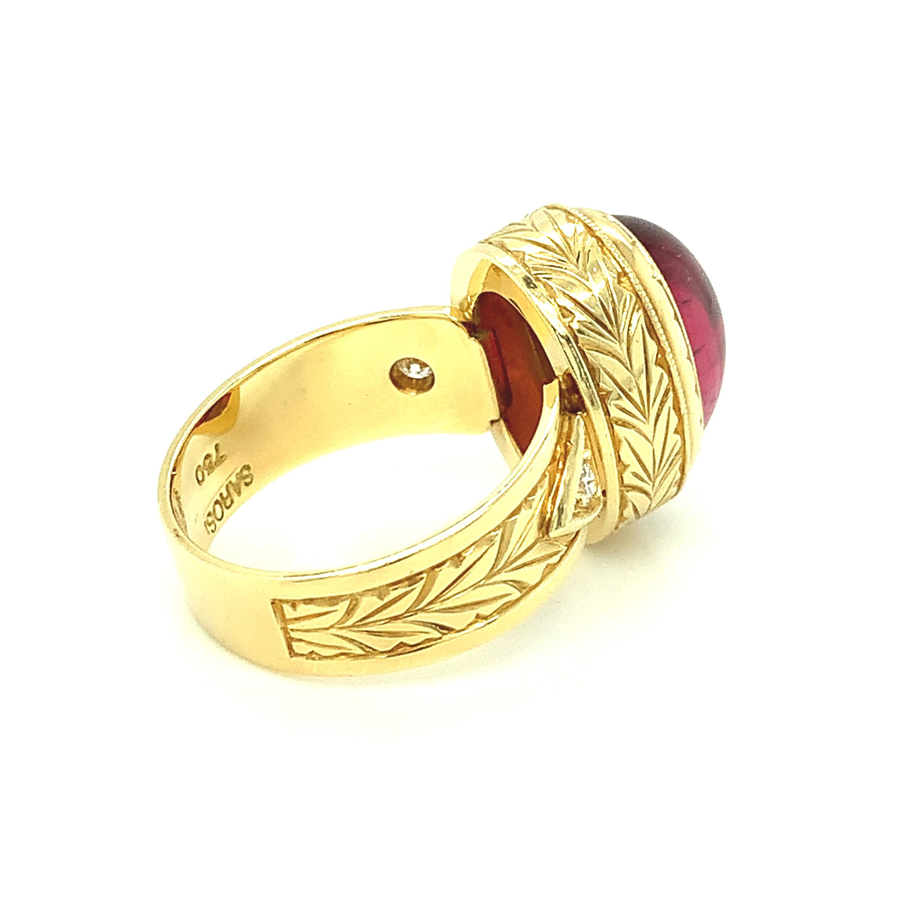 7.47 Carat Rubellite Tourmaline Cabochon and Diamond Band Ring in Yellow Gold For Sale 2